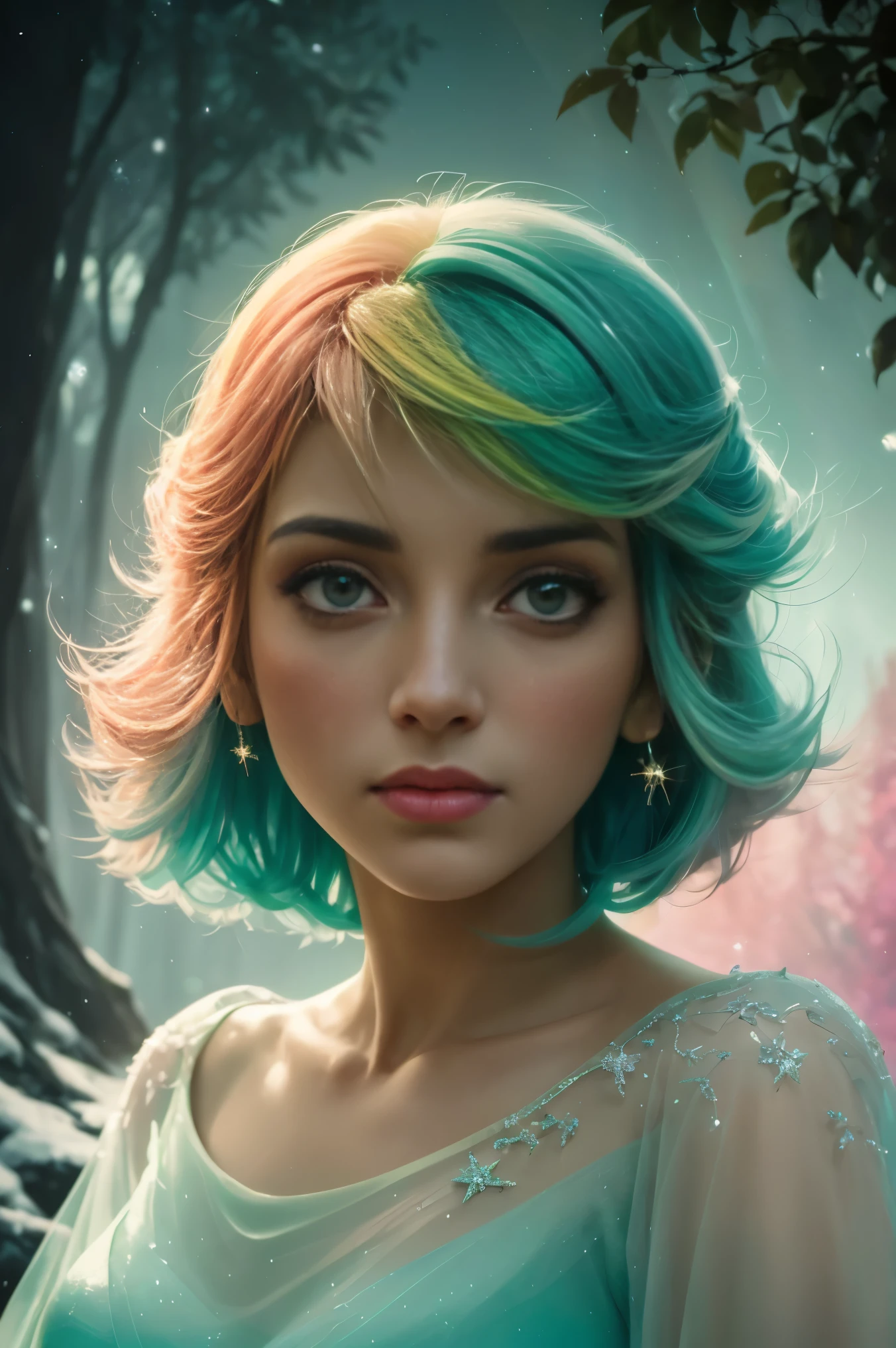 (cores fluorescentes:1.4),(translucent:1.4),(Retro filters:1.4), (Fantasia:1.4), world of sweets Disney earth ethereal soft cute landscape soft forest snowavatar pastel pink sky green blue ethereal brightness pastel light whimsical light rainbow stars diamonds brightness gemstone background hyper realistic Ultra quality cinematic lighting immense detail Full hd painting Well lit,franja diagonal, , vestido de gola alta,ao lado, obra de arte, melhor qualidade,pele real,(retrato:1.5), 1 garota, franja romba, Cabelo longo