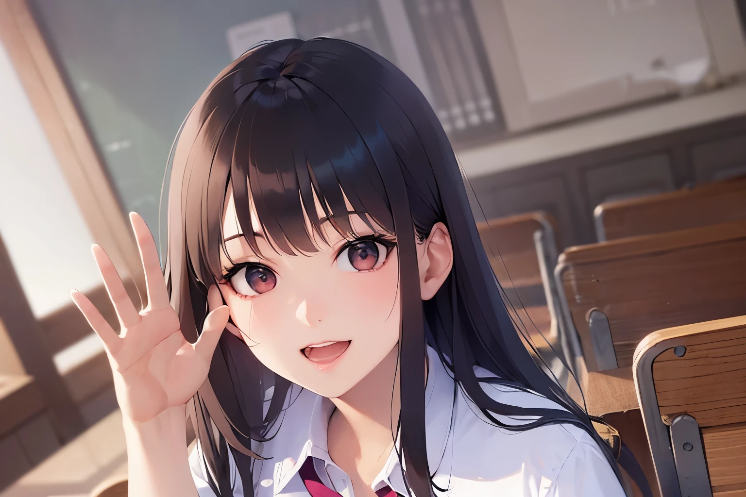 (Waving hand:1.5), Upper Body, (cinematic angle:1.5), Realistic, real person, RAW photo, photorealistic, portrait photography, shiny skin, japanese idol、A 25-year-old woman with medium-long hair with bright chestnut bangs.、red eyes, school uniform、wearing a white shirt、pink ribbon、Wearing a dark blue pleated skirt、(smile:1.2), blush, open mouth, The background is a school classroom、Alone、Staring,