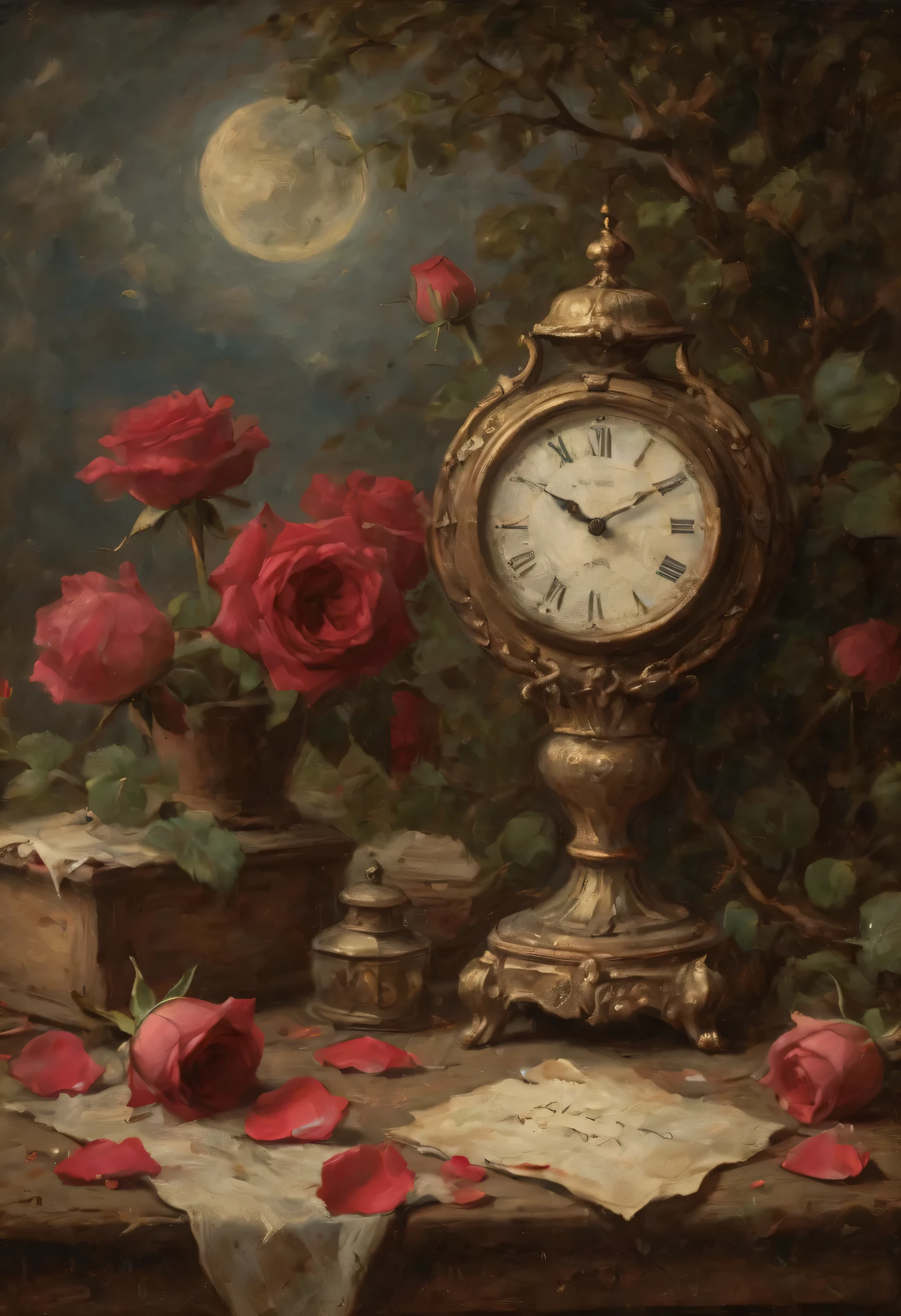 Painting of a clock and roses on a table with a book - SeaArt AI