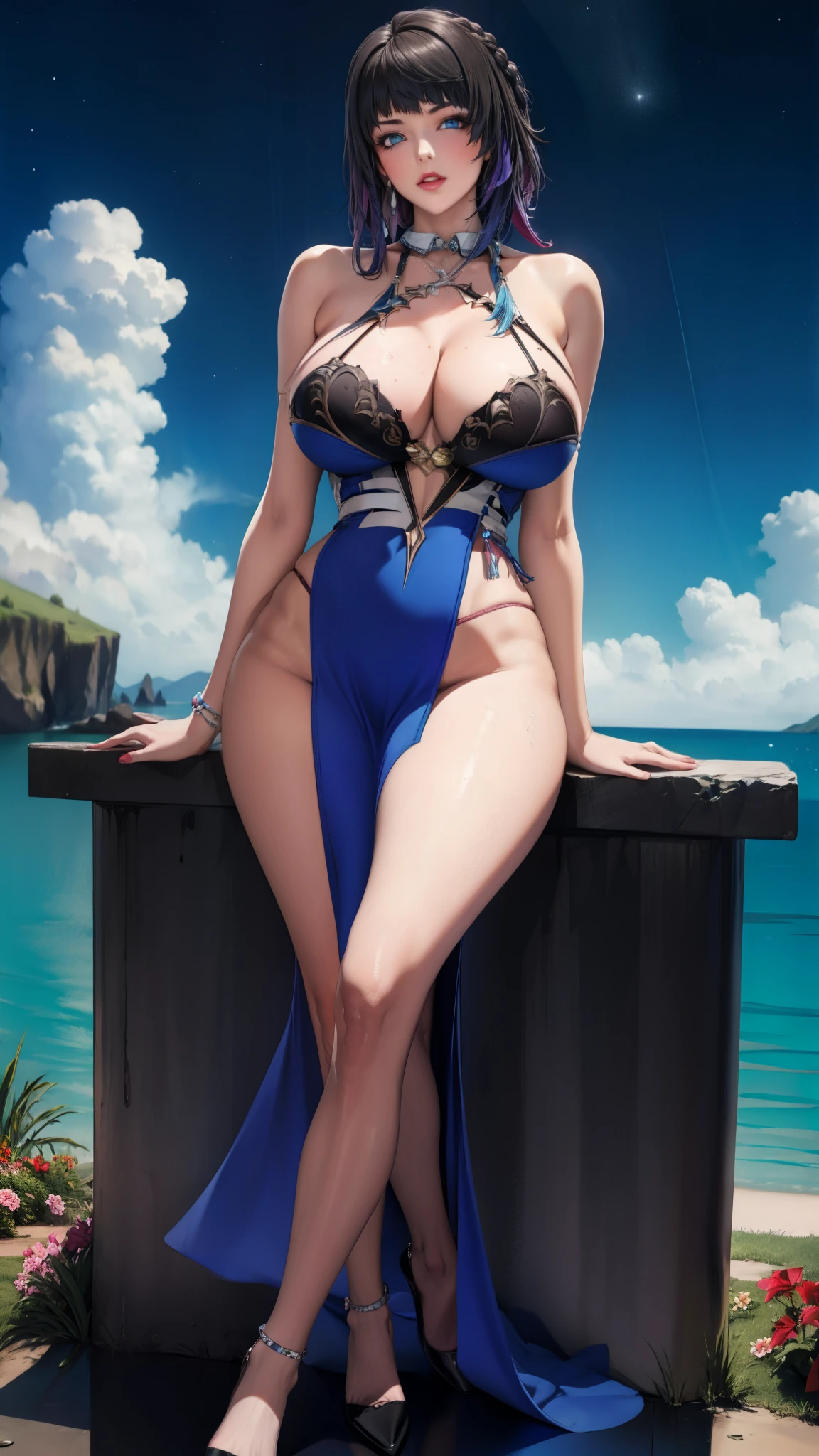 1 milf,high heels, bare legs, sitting, sky, crossed legs, dress, long hair, black hair, solo, breasts, legs, night, blue eyes, water, bare shoulders, cloud, blue dress, full body, cleavage, large breasts, flower, night sky, hair ornament, rock, branch,(tall:1.5),(narrow waist:1.2),(model:1.5),glamor,slender,,