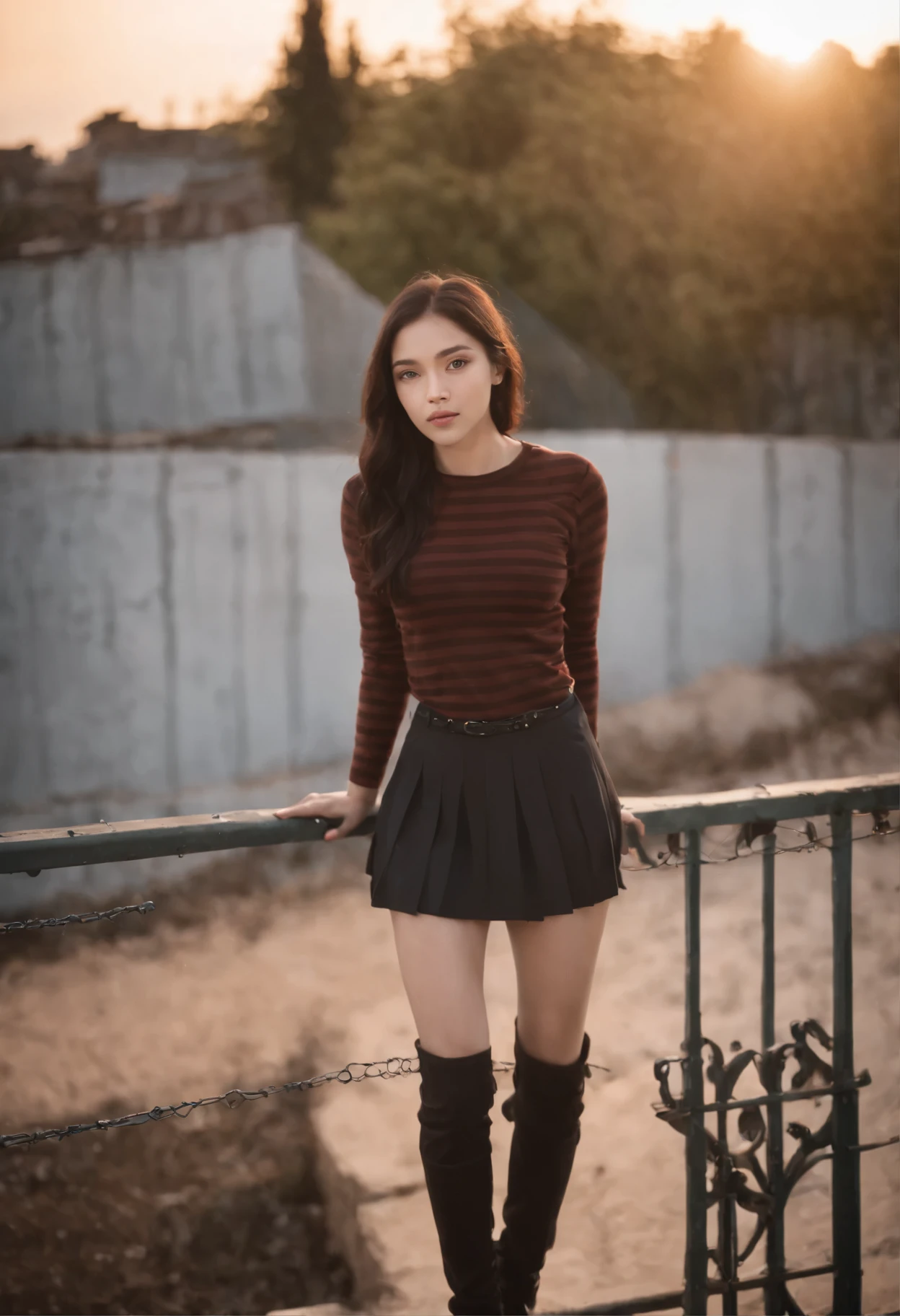 light skinned, Women around 19 years old, Natural blond hair, characteristic blue eyes,, red sexy dress with high heels, slender and graceful,,, Beautiful, Sunset sky, Ultra Sharp Focus, realistic shot, On the roof, outdoors, city view, charming photo, slightly uncertain, unclean, (fall), cloudy, sky, clouds, evening, twilight, leaning against a concrete wall, a girl of phenomenal beauty.