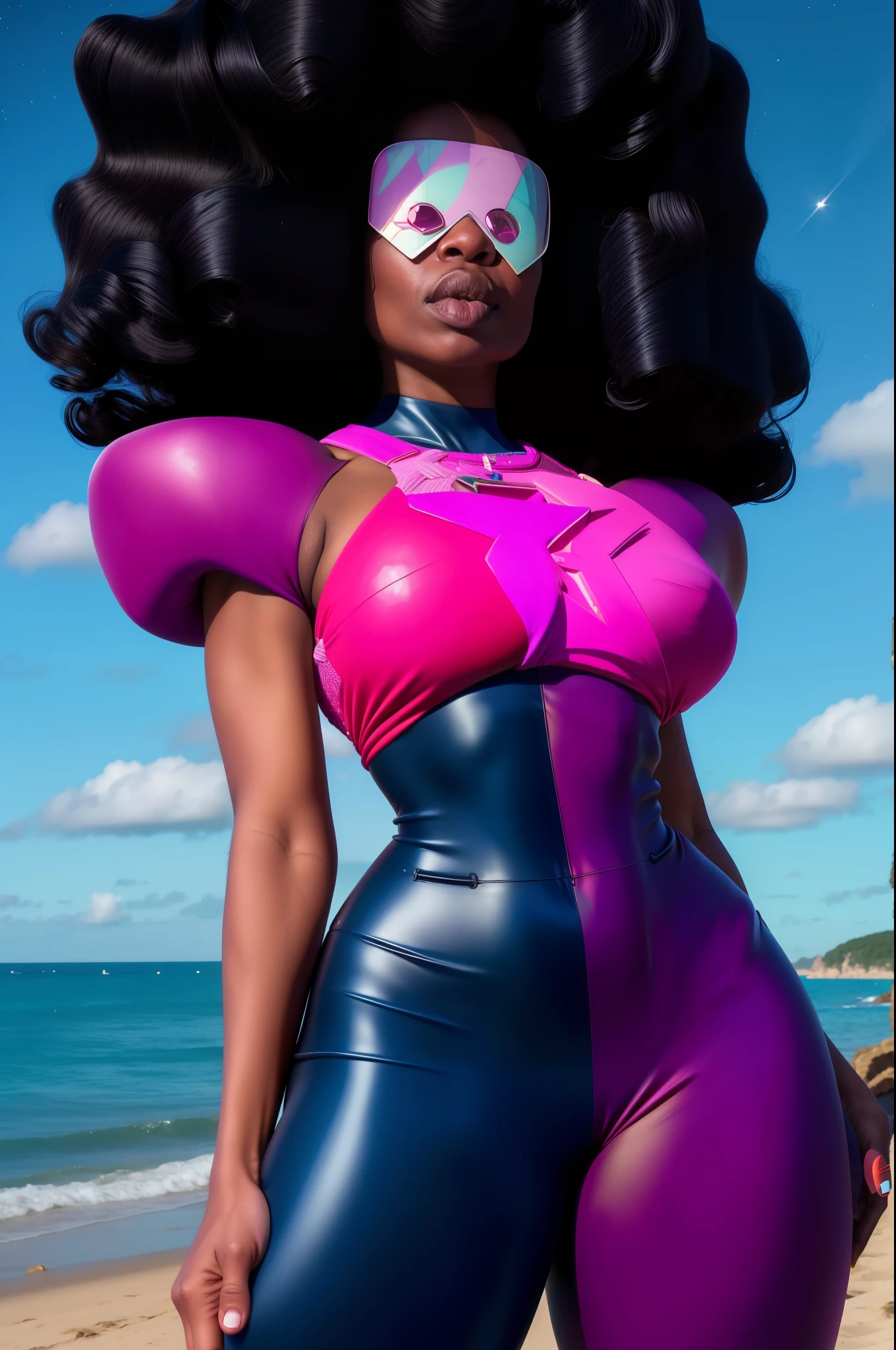 Garnet, blocky hair, afro, retro shades, serious, wide hips, cameltoe, navel , standing, upper body, chest plate , black and pink bodysuit with star, cleavage, beach, night, stars, (insanely detailed, beautiful detailed face, masterpiece, best quality), focus face