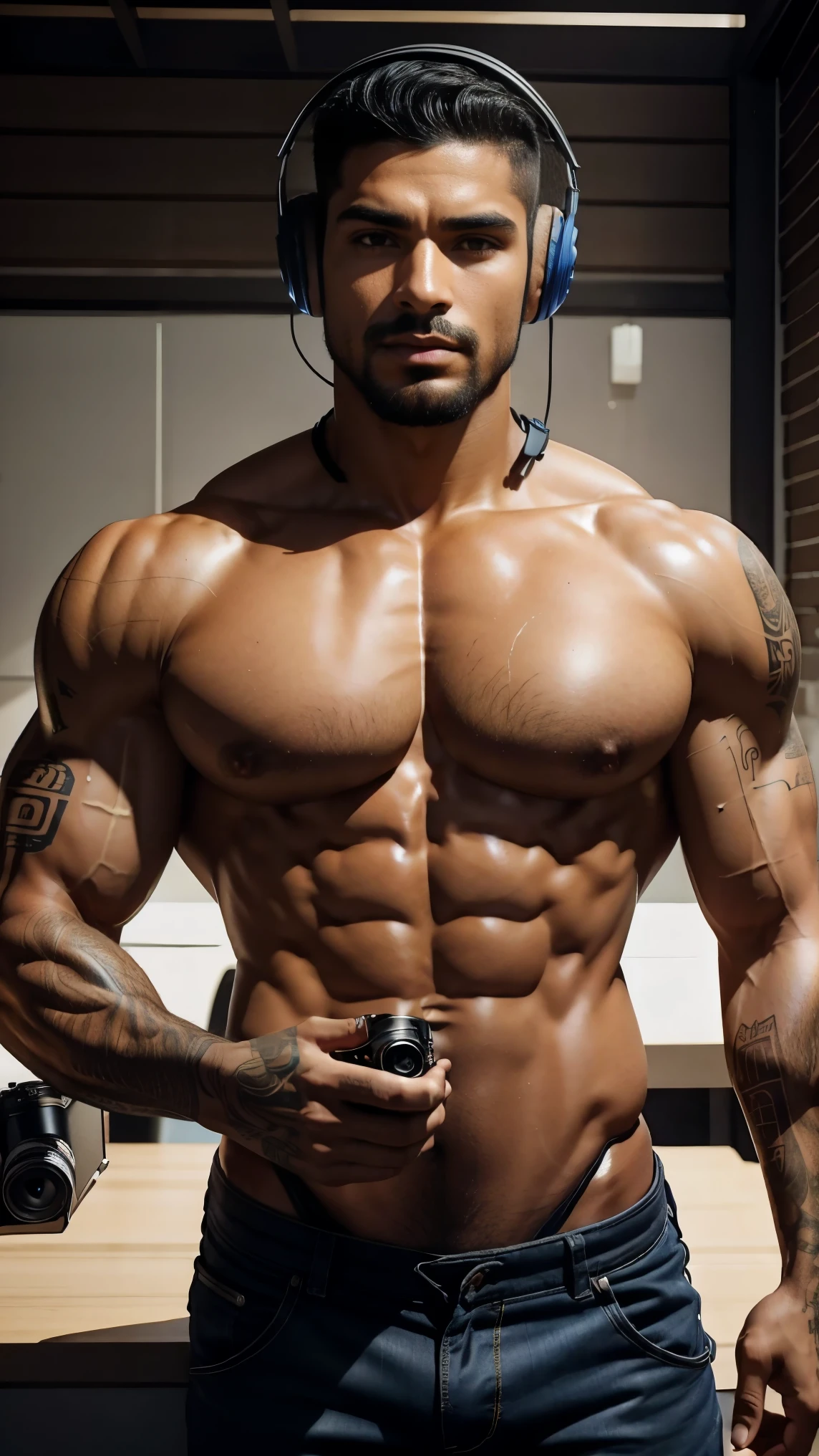 Homem latino, ele tem 30 anos. Homem tem cabelo preto liso undercut, Rosto lindo, corpo bodybuilder, corpo perfeito, Peitoral bem definido, muscular abdomen, skin oiled, Olhos detalhados, detailed hands. has a tattoo on his right arm. The man has a Headphone hanging around his neck and holds a film camera. Very high quality photography, 8k, tirada de uma Canon EOS R6. 