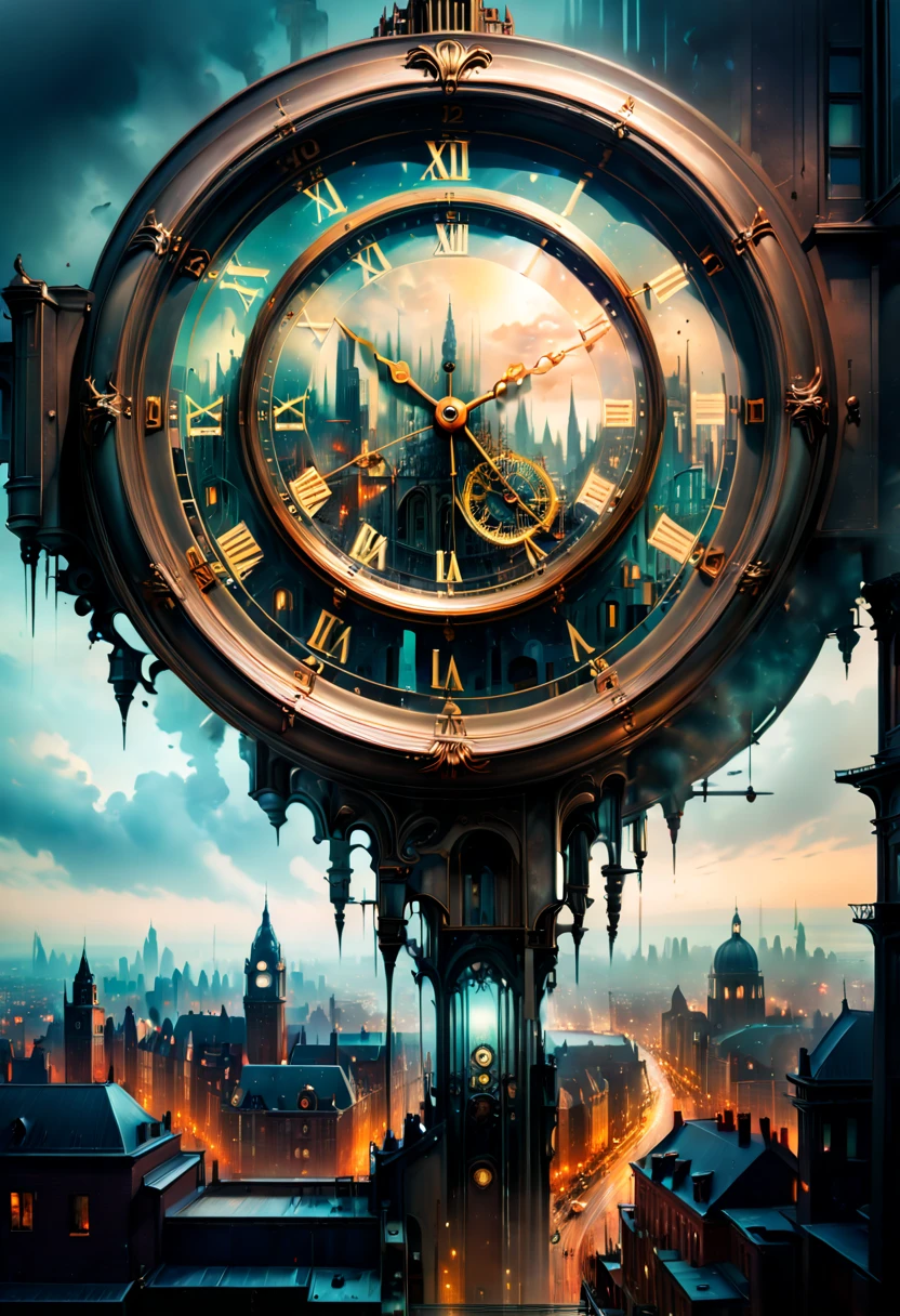 Double exposure of a clock and city view, clock fused with city view, fantasy art, year 1900, (best quality, masterpiece, Representative work, official art, Professional, 8k)