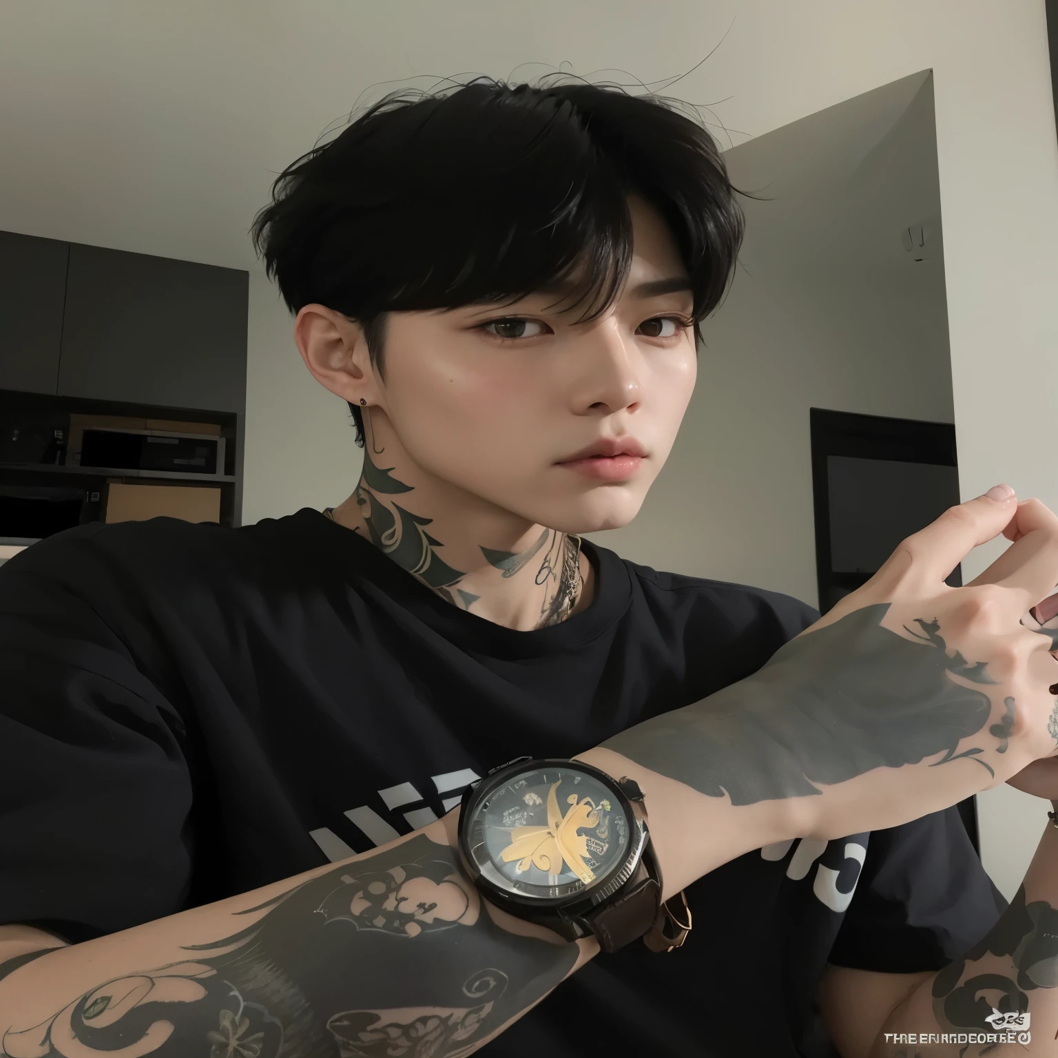 A closeup of a person with a tattoo on their wrist holding a watch, kim doyoung, pintar ulzzang, yanjun chengt, inspirado en Yanjun Cheng, cai xukun, inspirado en Bian Shoumin, TaeJune Kim, handsome japanese demon boy, Jung Jaehyun, kanliu666, inspirado en Gang Se-hwang, hong junio hyung, Jeon Jungkook, bts, jk