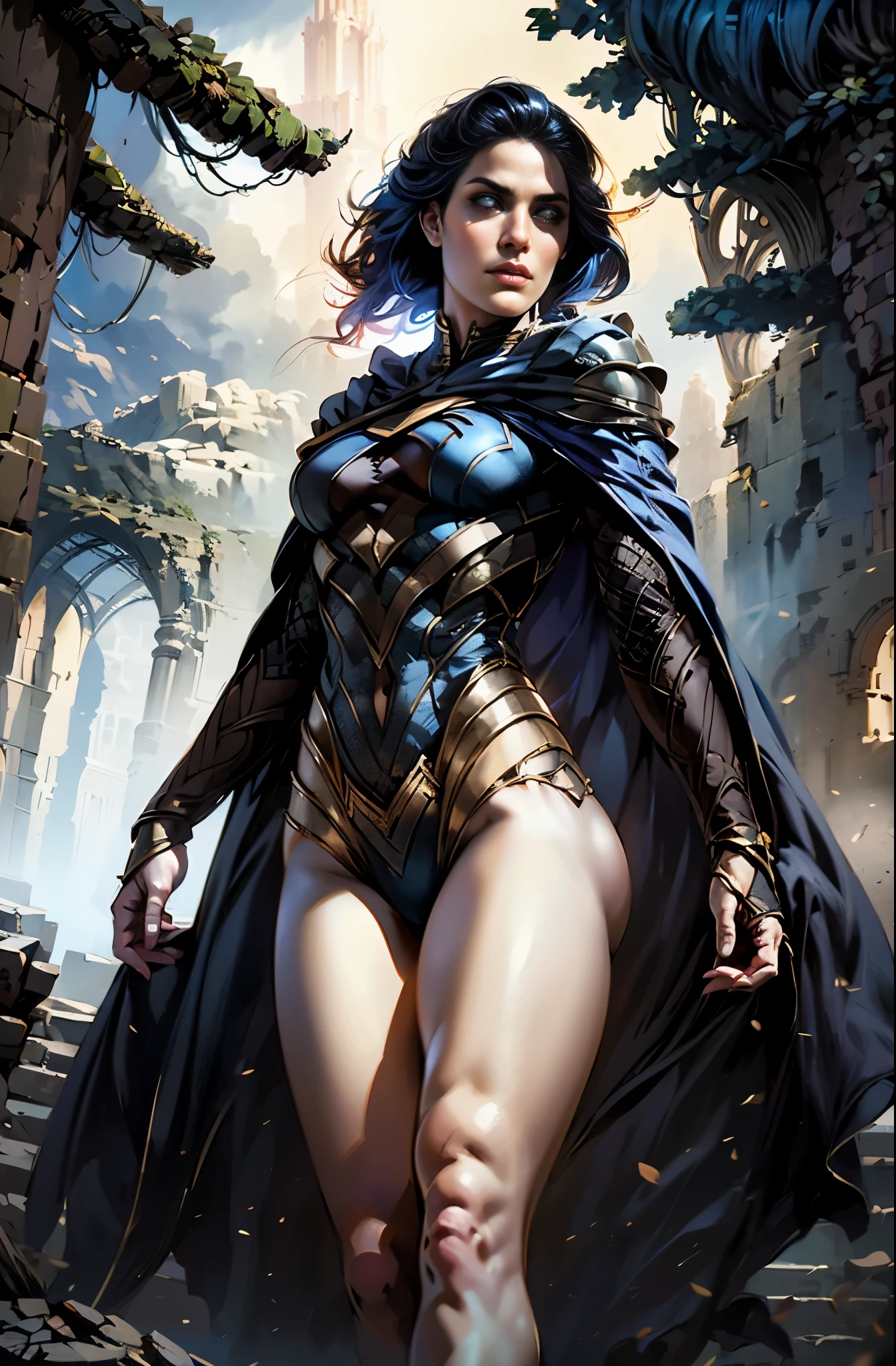 puffy woman in a black and blue costume standing in a hood, dramatic scene, Sorcerer's Tower, twilight, magnificent, 8k, stole, black clothes, twilight, dramatic scene, sky full of clouds, fluttering crumbling staircase and long cape , raven portrait, Chris Moore. artgerm, extremely detailed artgerm, artgerm greg rutkowski _ greg, detailed artgerm, artgerm style, artgerm comic, ivan talavera and artgerm style, artgerm style, 32k uhd, best quality, masterpiece, super details, high details, great realistic, HDR , UHD , vector image: 1.1, 32k uhd, best quality, masterpiece, super details, high details, great realistic, HDR, UHD, vector image: 1.1, perfect muscle sculpt, (thick legs)) ((( muscular legs)) ), ((voluminous breasts)) ((large breasts)) (((large breasts))), 8k all details clearly, ((master work) ), ((best quality: 1.1)), hd , Cinematic, realistic, Best quality: 1.1, masterpiece, full HD: 1.1, high quality digital: 1.1, CANON photo: 1.1