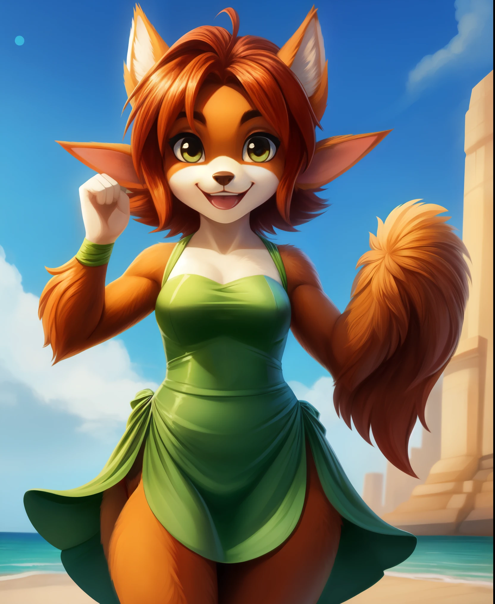 desfoque selvagem,,, Elora Peludo, detailed and extremely fofoy body fur, fofo, obra de arte, olhando para cima belas paisagens, fundo detalhado, feliz, vestido de folha