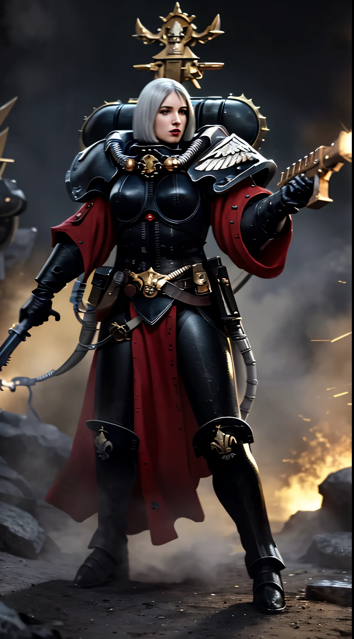 render masterpiece of Warhammer 40K Adepta Sororitas Sister of Battle, beautiful female model, warhammer 40000 female character, dark fantasy, grim light, yellow ambient, apocalyptic background, black and white power armor, adepta sororitas from warhammer 40k, white hair, ponytail haircut, white eyes, full height view, standing in full growth, aquilla symbol on the chest, 8k, clear look, full shot, action pose, grim light, wide angle, perfect face
