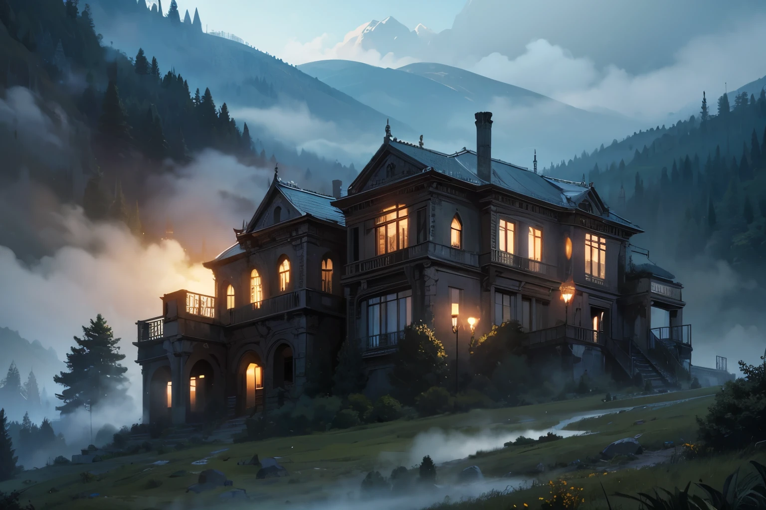 scenario, a mansion under the hills,brumas ao redor, Mist, vale das brumas, um vale, old mansion, Mysterious setting.
