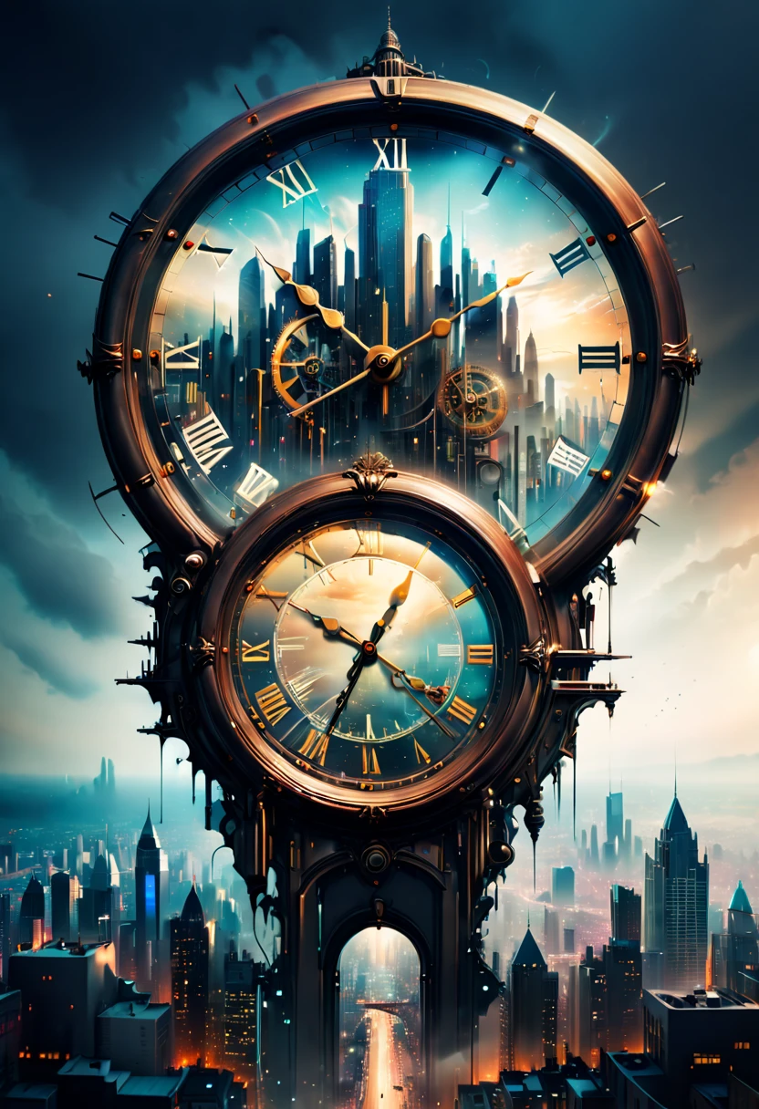 year 2000, Double exposure of a clock and city view, clock fused with city view, fantasy art, (best quality, masterpiece, Representative work, official art, Professional, 8k)