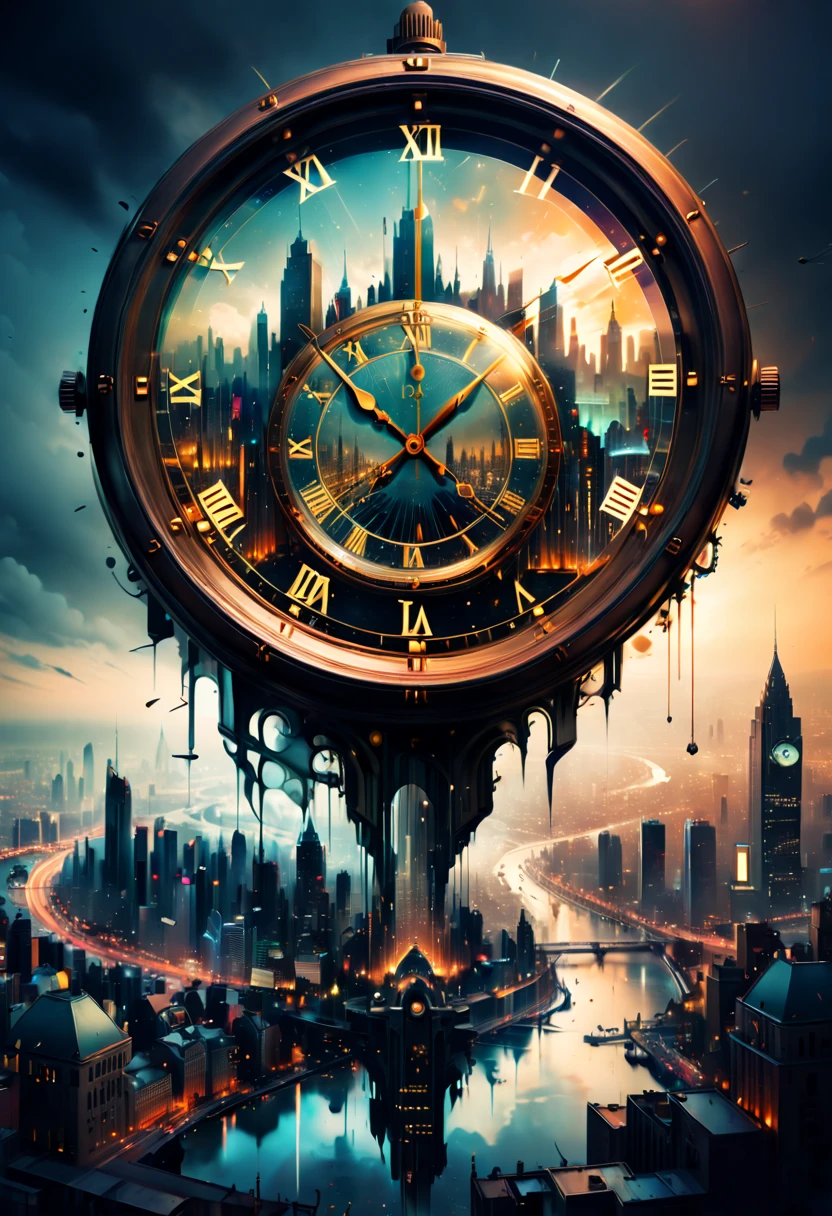 year 2000, Double exposure of a clock and city view, clock fused with city view, fantasy art, (best quality, masterpiece, Representative work, official art, Professional, 8k)