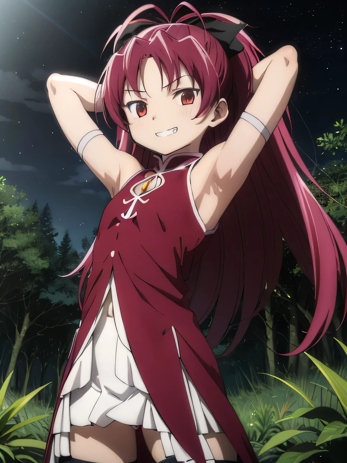 solo, 1girl, looking at viewer, sketch, flat colors, 2D, anime, anime coloring, closed_mouth, night sky, forest, arms behind head, spread armpits, contrapposto, cowboy shot, kyouko sakura, magical girl, grin, fang