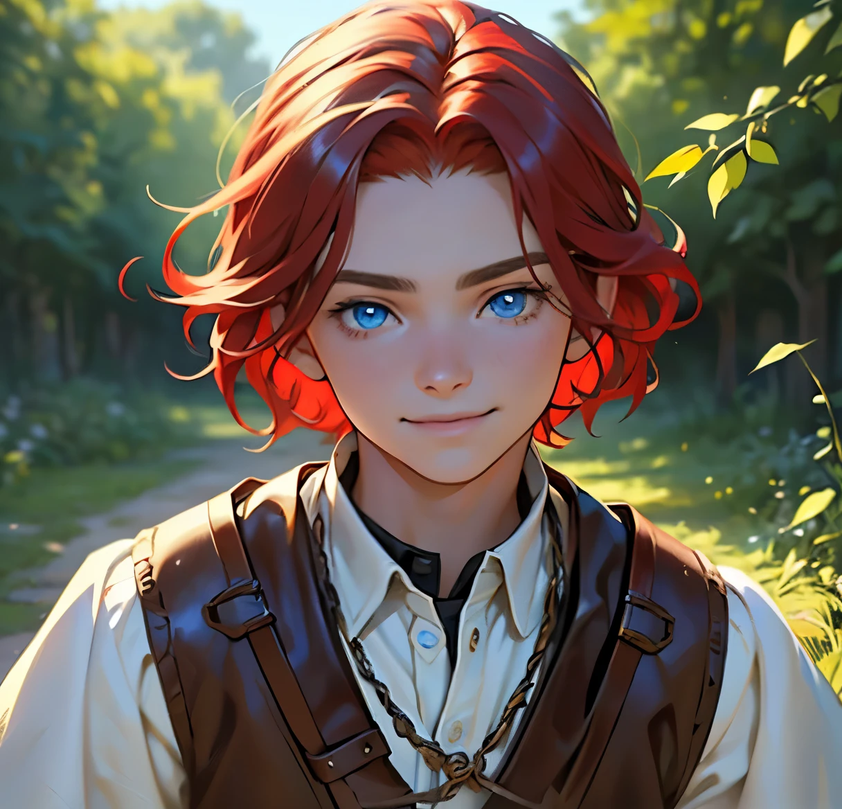 (a boy with blue eyes,ultra-detailed,realistic:1.37,masterpiece:1.2), young, masculine Caucasian, medium length red hair, smile, (:1.7), medieval noble outfit, green background, soft sunlight, oil painting texture