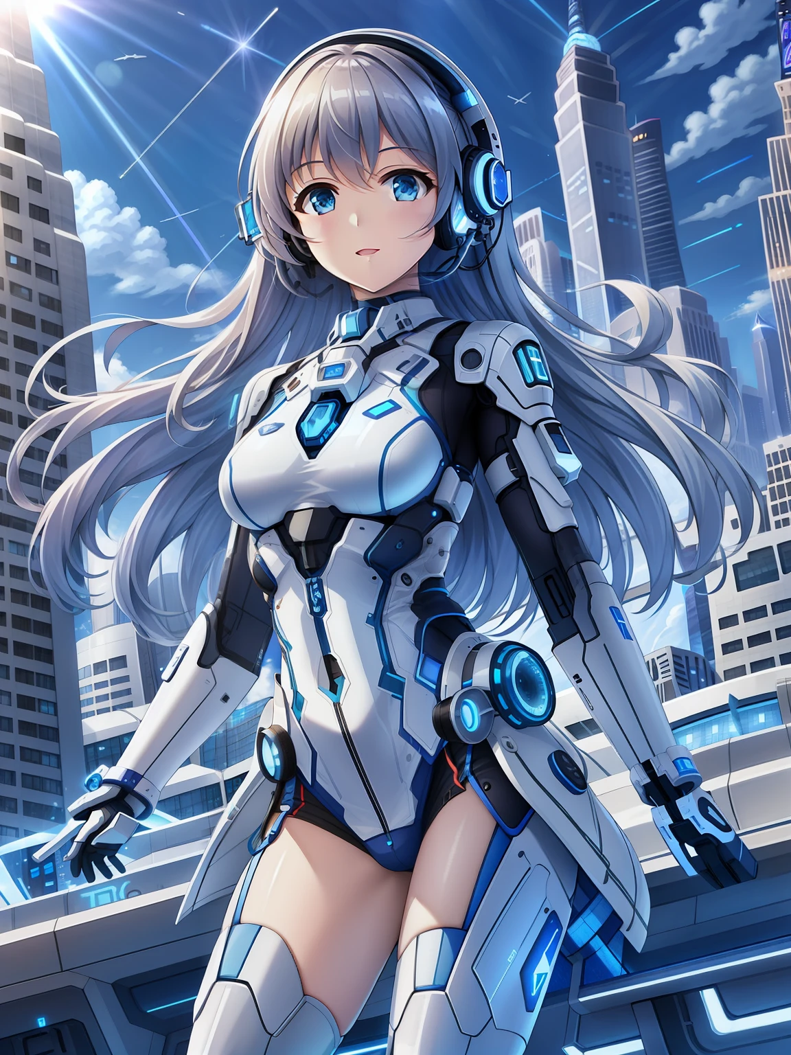 (spaceship as background),(ultra high resolution, realistic, blue sky, photon mapping, radio city:1.3), SF,  fantasy,

[:girl, (White and blue mech suit:1.2), Upper body:0.2]

Pollie, Beautiful woman, highest quality, ultra high resolution, 8K, masterpiece, sharp focus,  Clear gaze