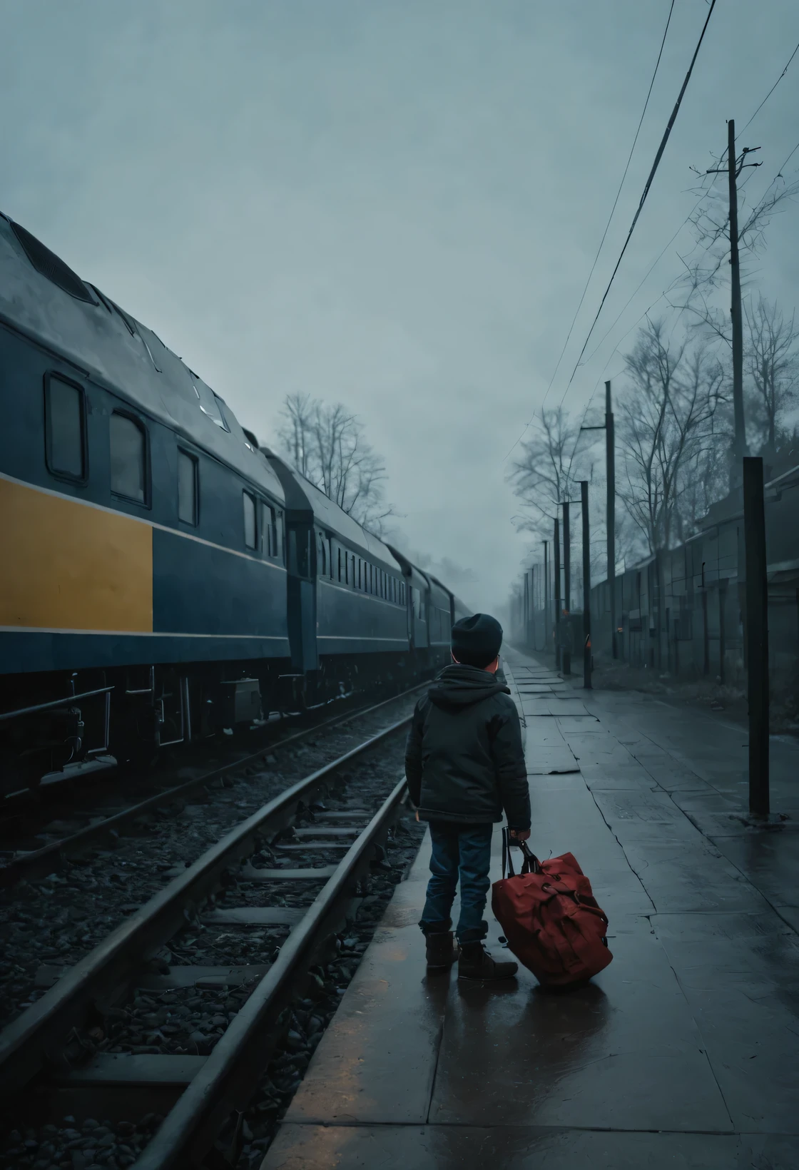A boy waits at the train station near the train, ultra high definition,raw,In winter，dark and gritty style，The locomotive is coming from a distance



