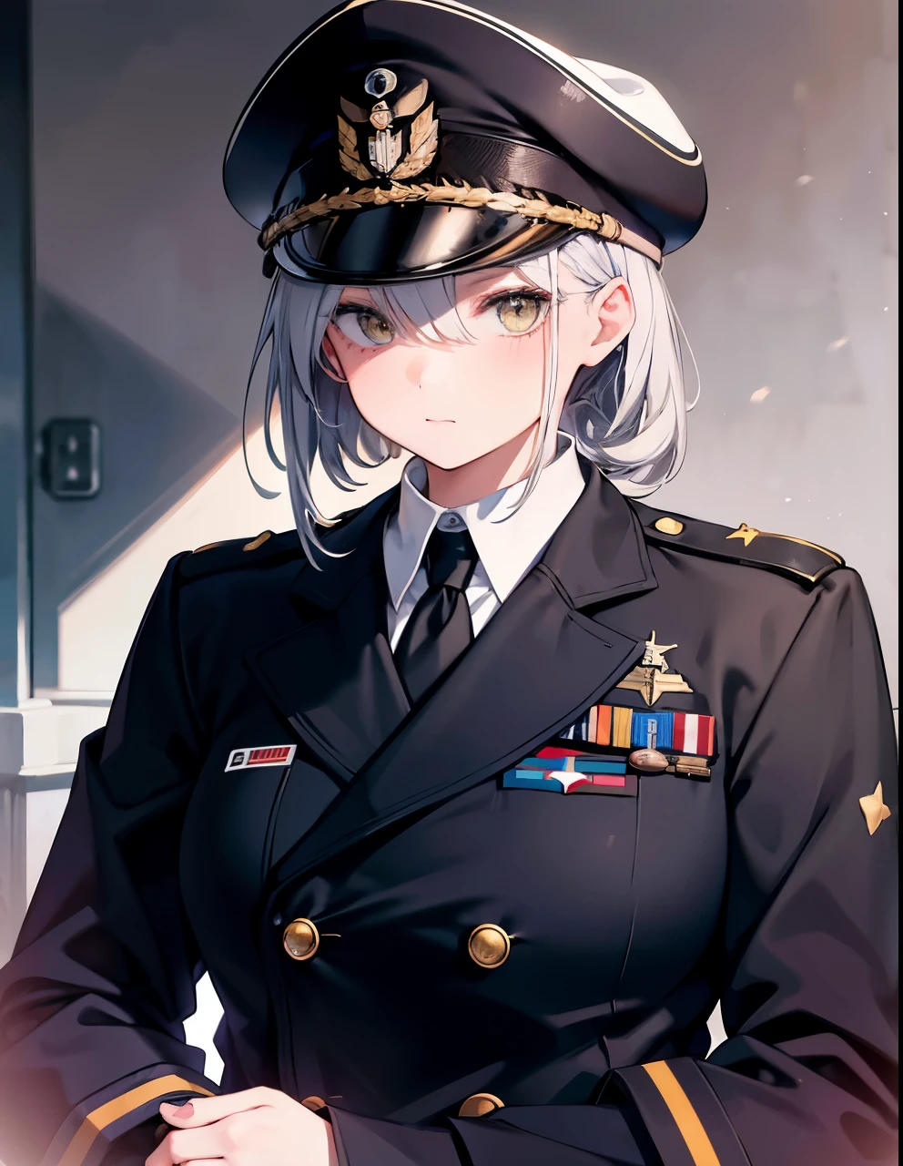 image of a girl in a military uniform and white cap posing for a picture, black uniform, ribbon on right, black suit tie, admiral, ww2, white hat, hands clasping, looking at viewer, inspired by William Halsey jr, grey hair, brown eyes, yellow sleeve stripes