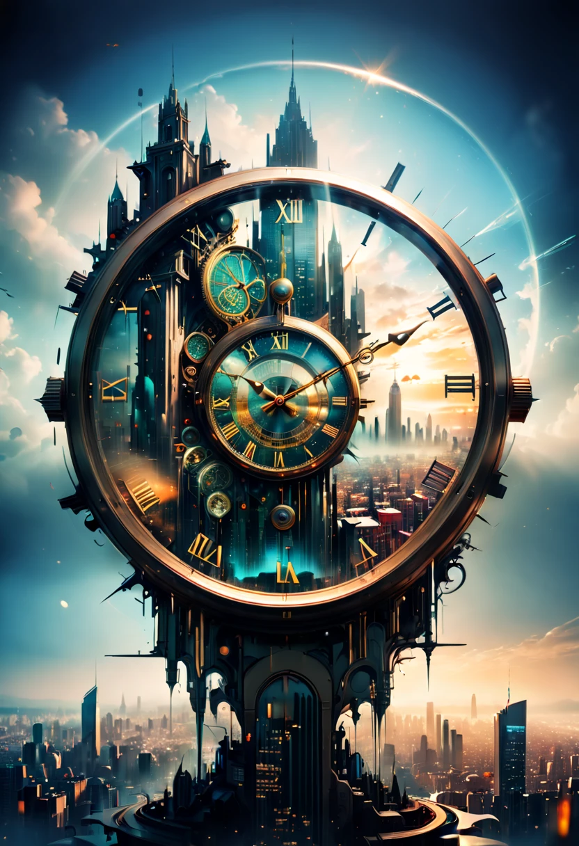year 2100, Double exposure of a clock and city view, clock fused with city view, fantasy art, (best quality, masterpiece, Representative work, official art, Professional, 8k)