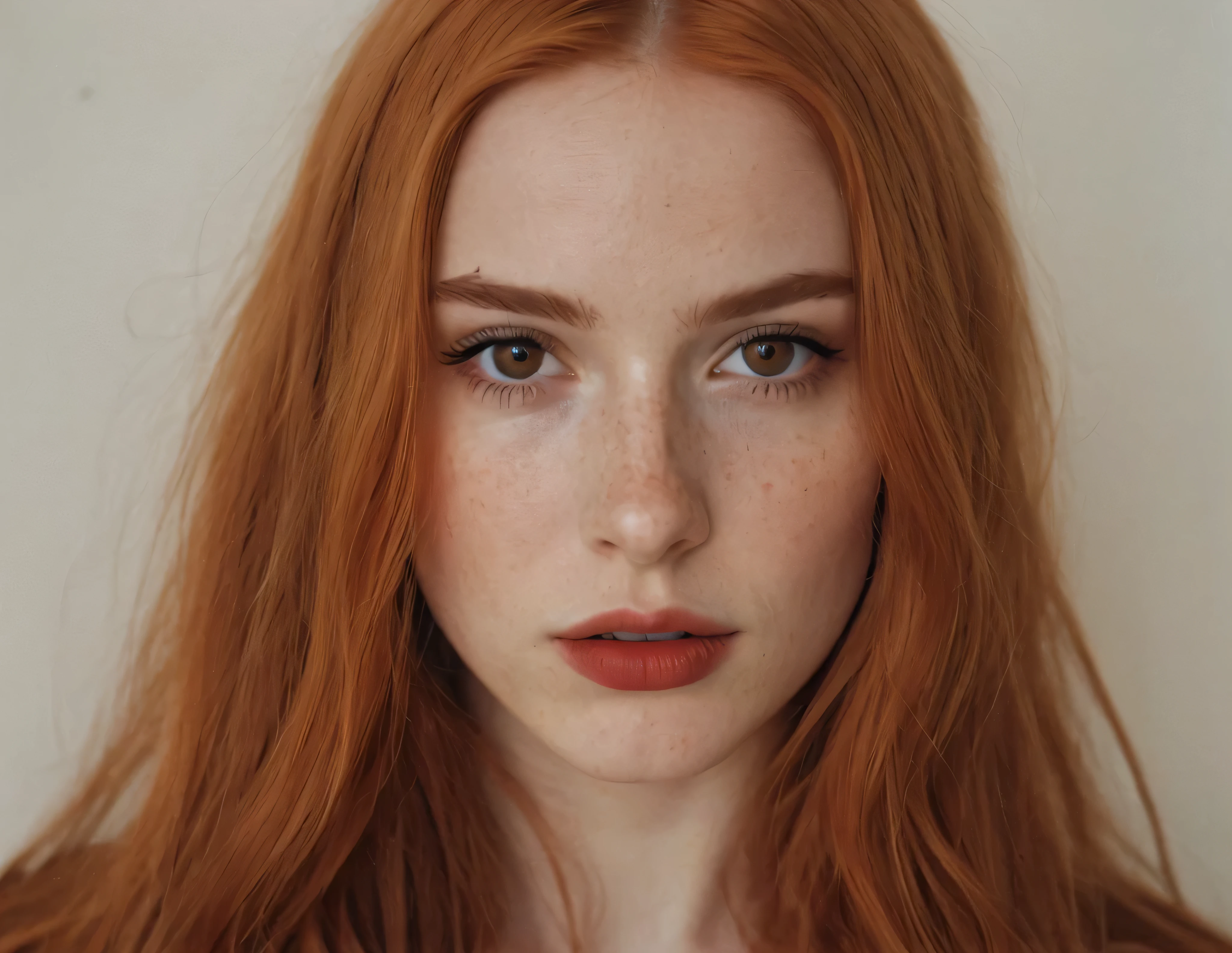 23-year-old woman with white skin, long copper-colored hair, with red contact lenses, model appearance, woman with freckles on her face, very thick lips, pronounced lips, operated lips, pronounced eyelashes, her body lying on a bed with blue sheets, she with red underwear, sexy pose, sensual, pornographic scene, realistic, ultra-detailed, warm light