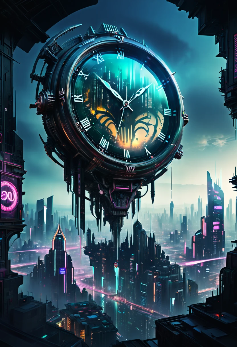 year 2400, Double exposure of a clock and city view, clock fused with Alien City, cyberpunk, (best quality, masterpiece, Representative work, official art, Professional, 8k)