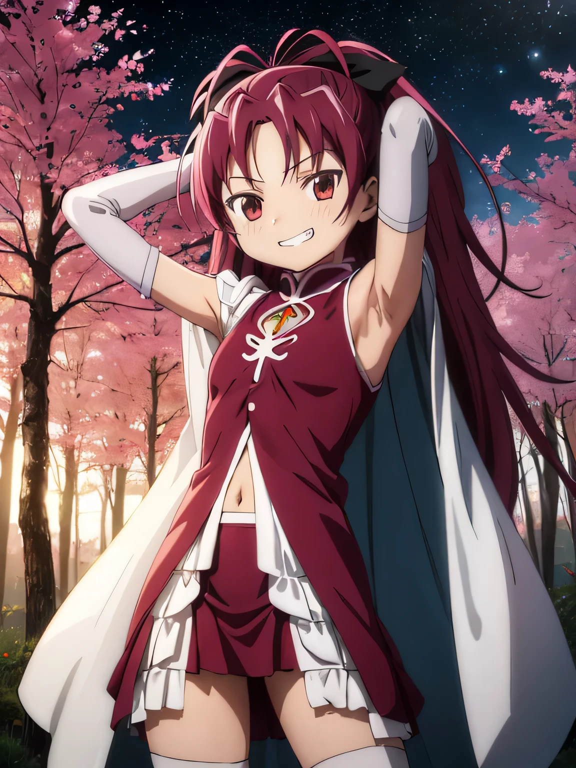 solo, 1girl, looking at viewer, sketch, flat colors, 2D, anime, anime coloring, closed_mouth, night sky, forest, arms behind head, spread armpits, contrapposto, cowboy shot, kyouko sakura, magical girl, grin, fang