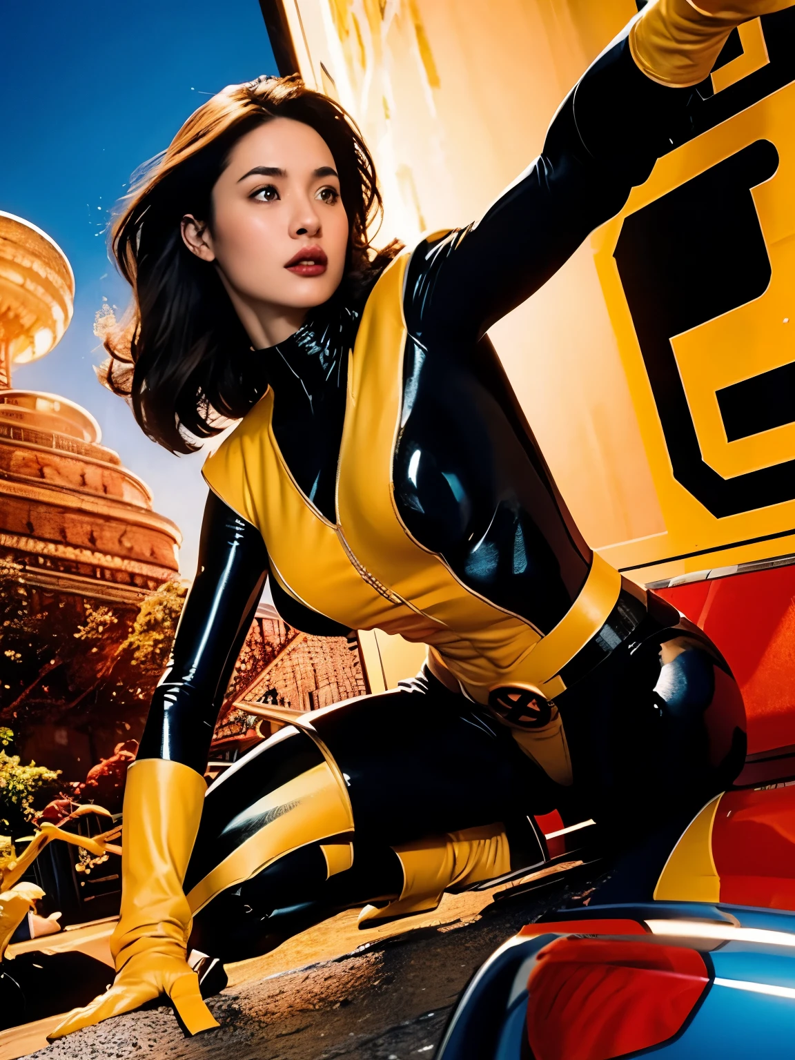 Hyperrealistic.(((A comic style, cartoon art))). Shadowcat Posing for photo in epic heroic pose, wearing his iconic X-Men uniform. a concentrated expression. The vibrant color combination of the uniform stands out against the background, capturing the dynamic and powerful moment of Kitty Pryde's unique ability. (((Hot Body, camel toes))). ((((Abstract Comic background )))) , vivid colors, detailed, detailed face, realistic shadows and bright, glowing. Unreal engine 5, realistic 3D render.