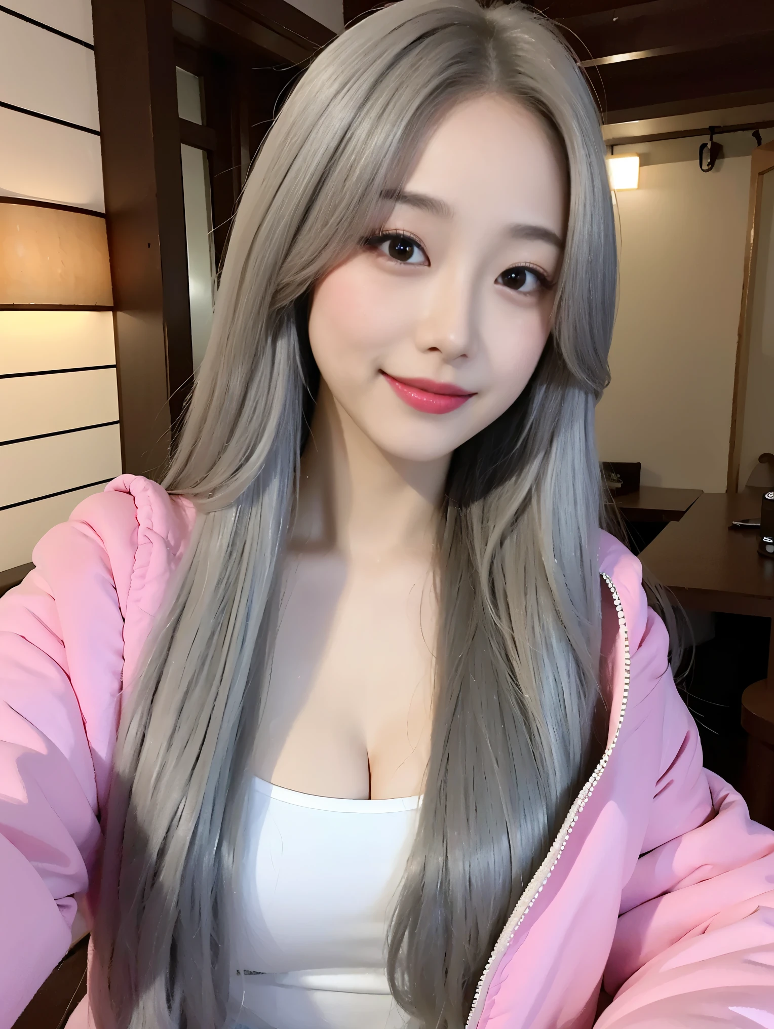 realistic, High resolution, 1 female, glowing skin, alone, wide lips,long hair,straight hair,saggy breasts,small face,Gray color hair,Color Contacts,White down jacket,izakaya,K-pop Idol,Pink lip,smile