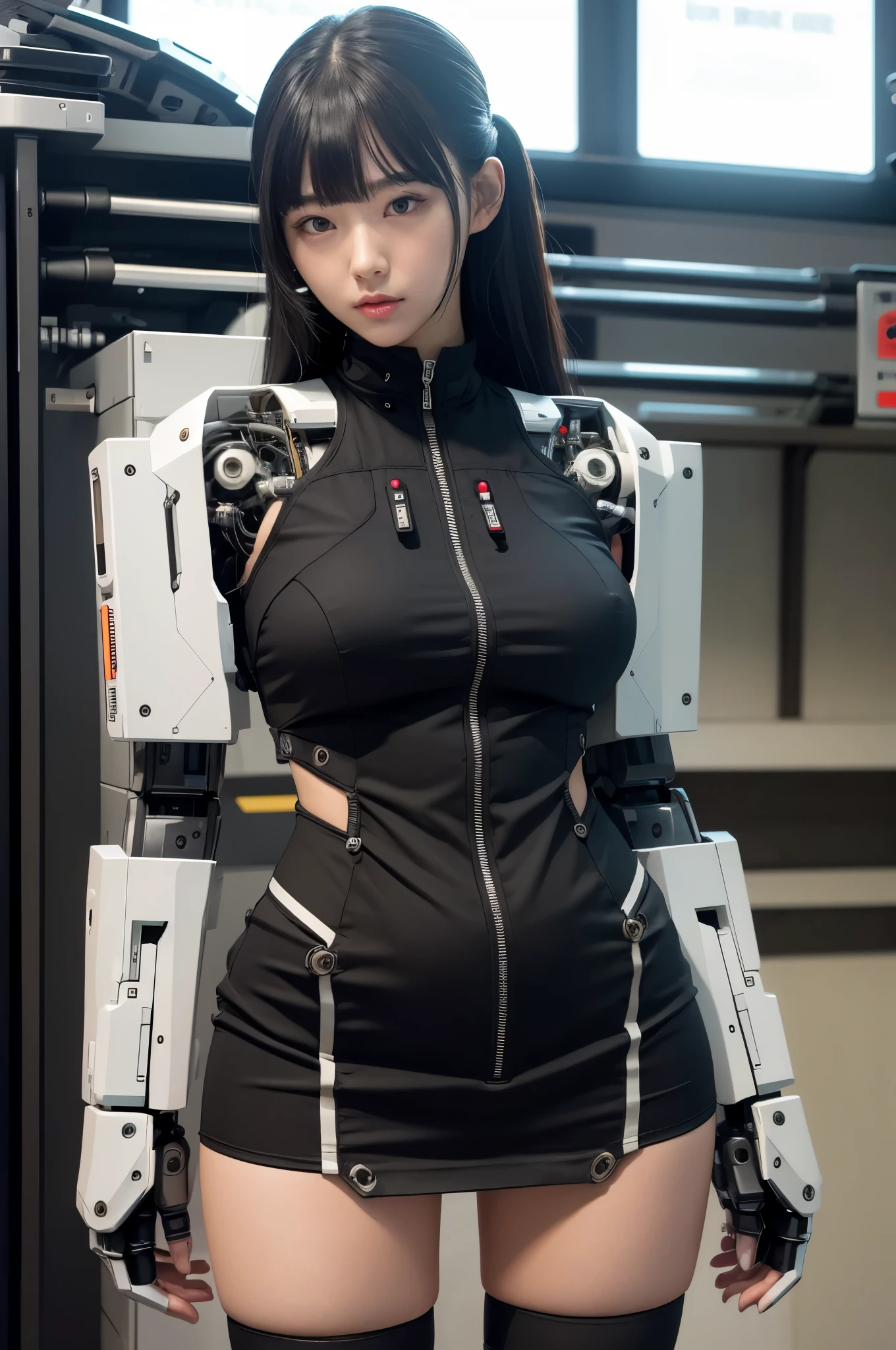 masterpiece, best quality, extremely detailed, Japaese android girl,Plump , control panels,android,Droid,Mechanical Hand, Robot arms and legs, Black hair,Blunt bangs,perfect robot girl,long tube,thick cable connected her neck,android,robot,humanoid,cyborg,japanese cyborg girl ,future laboratory,connecting a cable between the legs,skirt, high socks