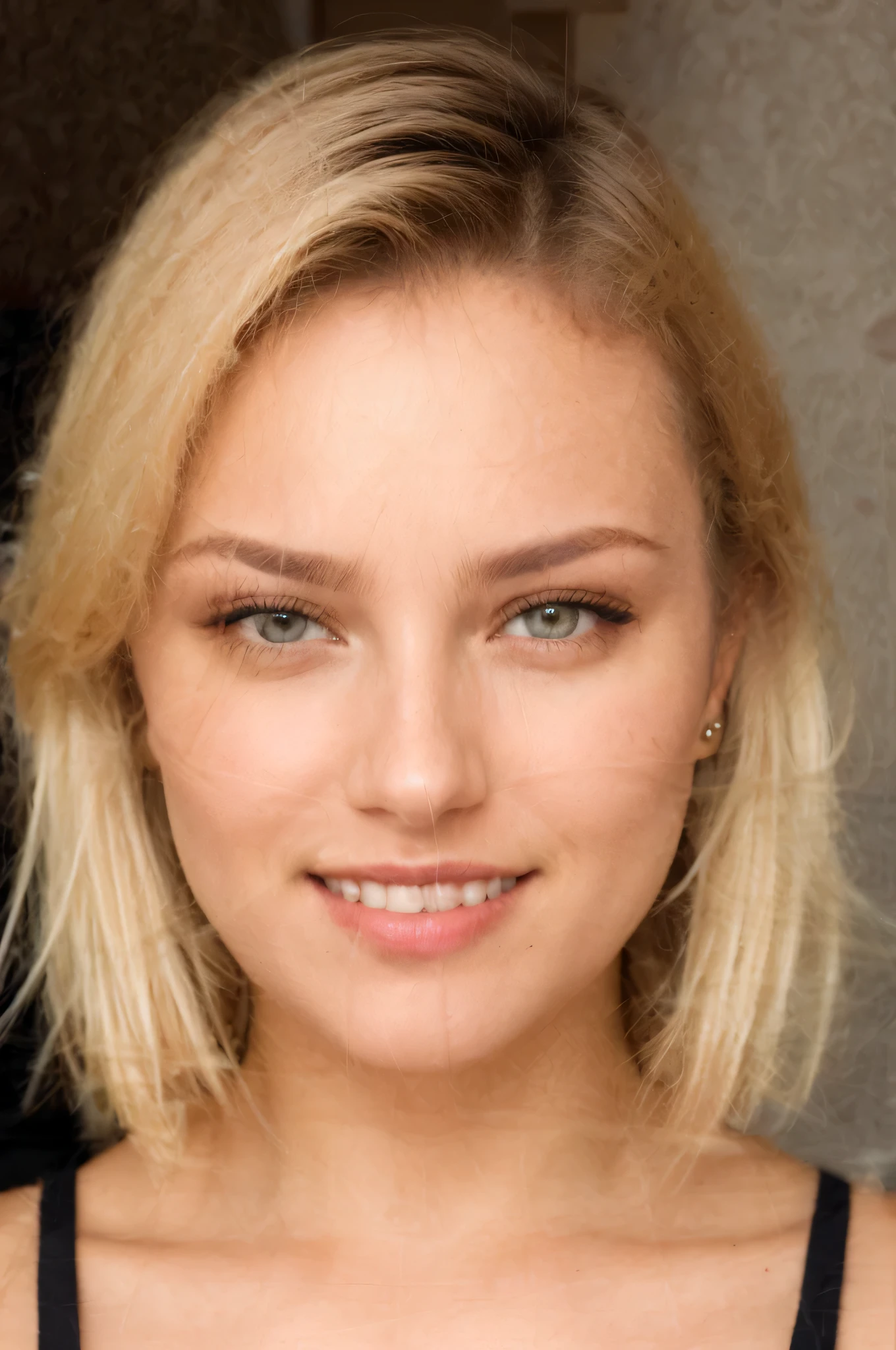 Modelo de glamour escandinavo de 21 anos, olhos detalhados, eyelash, testa, cabelo curto, cabelo loiro, olhando para o espectador, sorriso