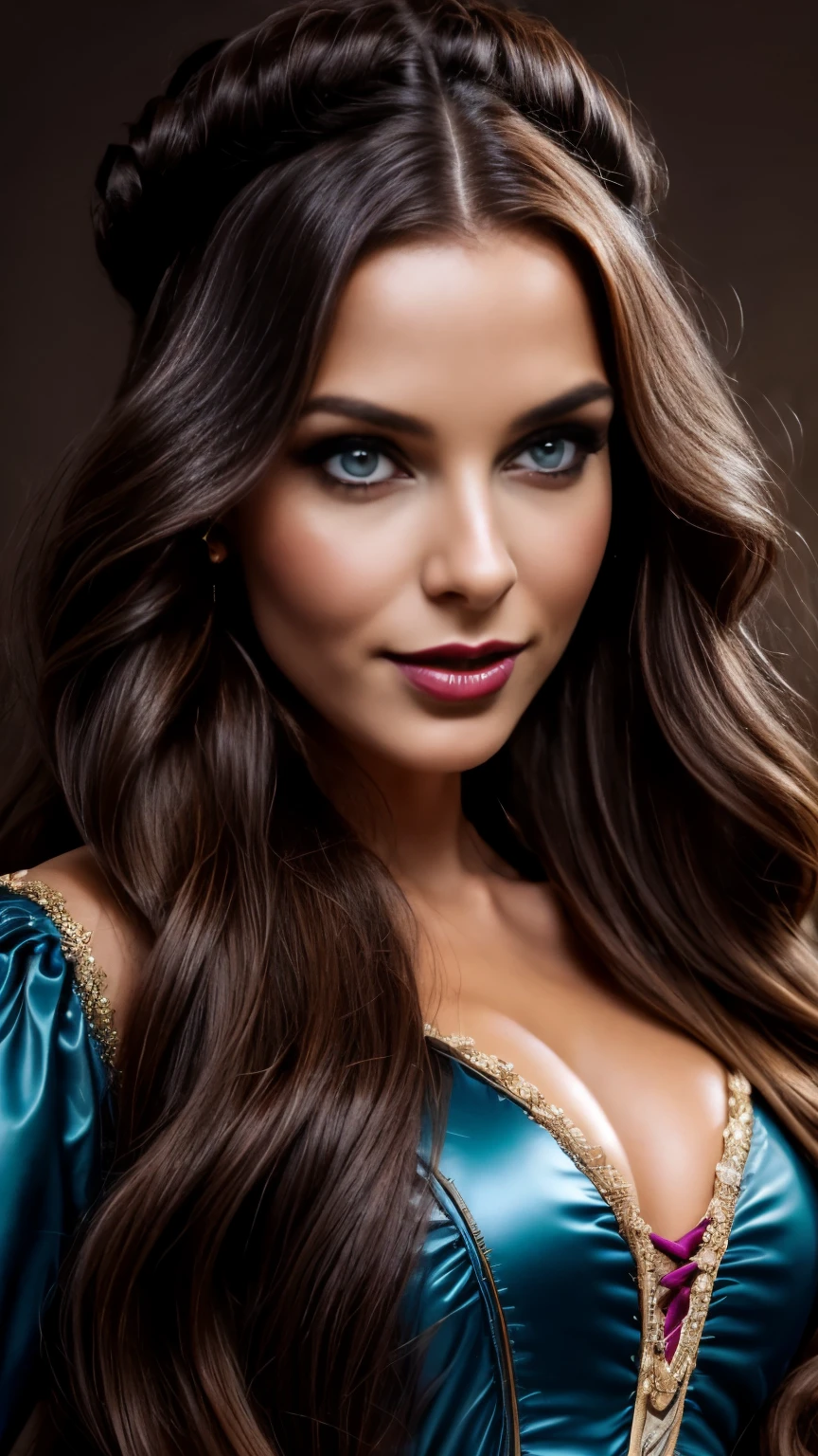 Retro style, beautiful female model, glamorous body, plump body, long haired person, wavy hair, chestnut hair, smooth skin, blue eyes, enchanting smile, dark makeup, Pink lips, ((victorian style costume)), high heels, accessories, realist, super realistic 8K, super detailed and realistic, posture sculpture, big ass, Wide buttocks