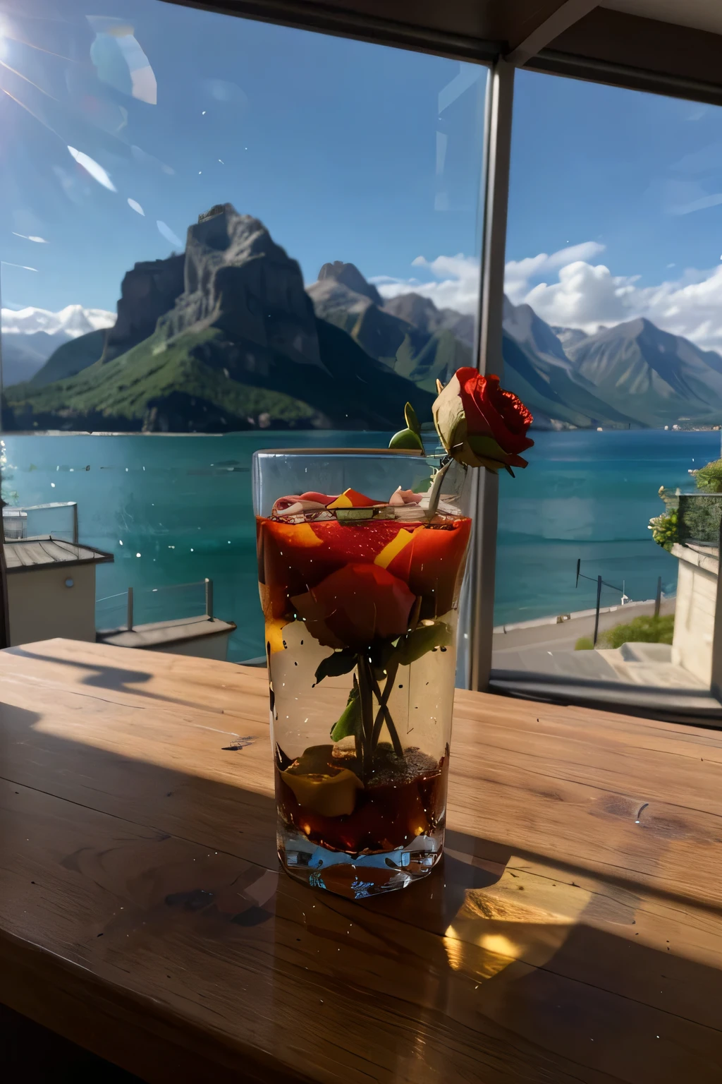 Sunlight through the crystal glass on the seaside, with mountains as background, Conventional classical special-shaped glass, open from above, below, next to glass, is a red rose, High quality realistic photography