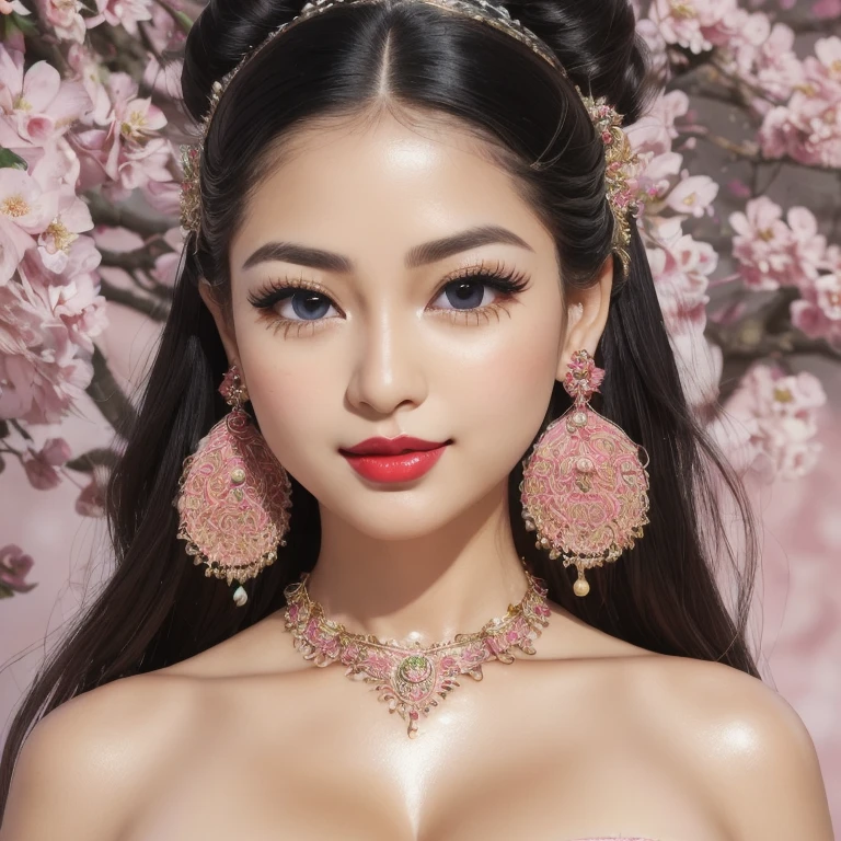 raw photo, photorealistic, high details, A 25 year old woman, wearing traditional clothing pink ngaten_bali, side curled updo hair,((( Ngaten_bali))),(((Bali_Nganten))), flowers background, cherry blossoms, sunny day, highly detailed, intricate details,(SFW:1.4),(Full Body:1.8),(cute face:1.3),(huge breasts:1.3),(high heels:1.3),(big hips:1.3),(medium thighs:1.3),(slightly exposed breasts:1.3),(cleavage:1.3),(lipgloss:1.3),(hair ornaments),(hair clips),(very detailed beautiful hair:1.4),(very long earrings:1.4),(long straight black hair),(detailed eyes:1.3),(beautiful eyes:1.4),(cheerful eyes:1.3),(the most beautiful big eyes:1.3),(long eyelashes:1.3),(blush red lips:1.3),(smile:1.15),(closed mouth:1.3),(beautiful and detailed eyes:1.3),(natural color lips:1.3),(Shiny and textured lips:1.3),(Exquisite and perfect facial features:1.3),(Smooth skin texture:1.3),(Precise and perfect human anatomy:1.3),(High heels:1.3),(Very detailed face and skin texture:1.3),(Low flash:1.3),(Sharp Focus:1.3),(Front lighting:1.2),(looking straight at the camera:1.3)