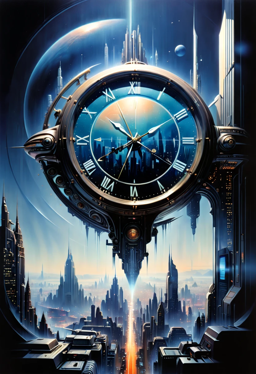 year 3000, Double exposure of a clock and city view, clock fused with Alien City, futurism, science fiction, by Drew Struzan and Ralph McQuarrie, (best quality, masterpiece, Representative work, official art, Professional, 8k)