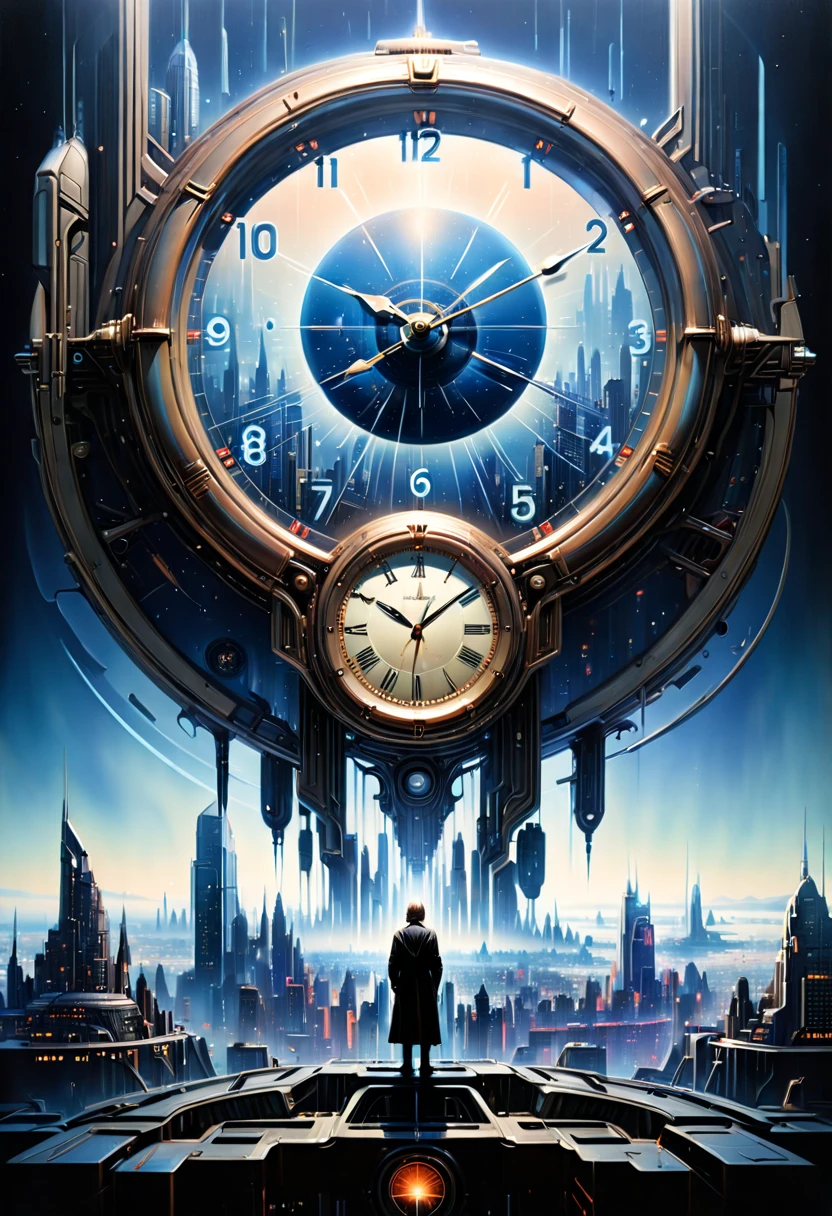 year 3000, Double exposure of a clock and city view, clock fused with Alien City, futurism, science fiction, by Drew Struzan and Ralph McQuarrie, (best quality, masterpiece, Representative work, official art, Professional, 8k)