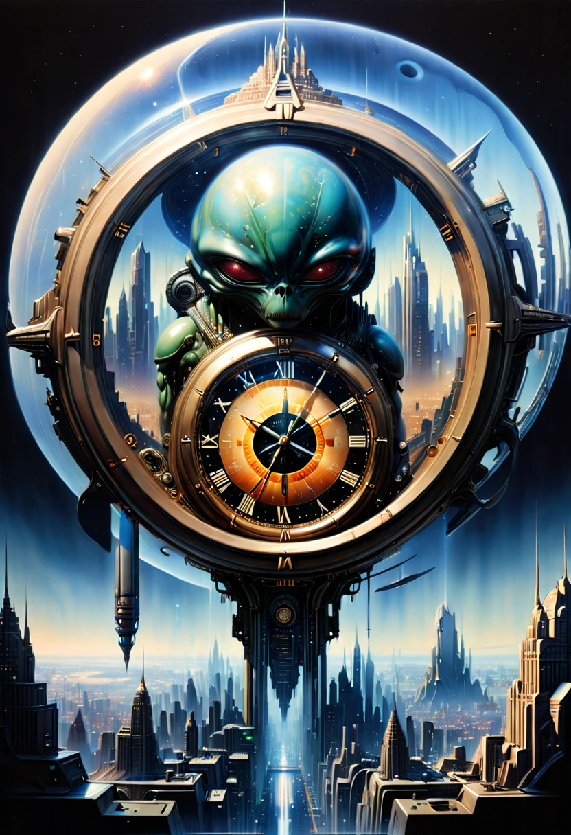 year 3000, Double exposure of a clock and city view, clock fused with Alien City, futurism, science fiction, by Drew Struzan and Ralph McQuarrie, (best quality, masterpiece, Representative work, official art, Professional, 8k)
