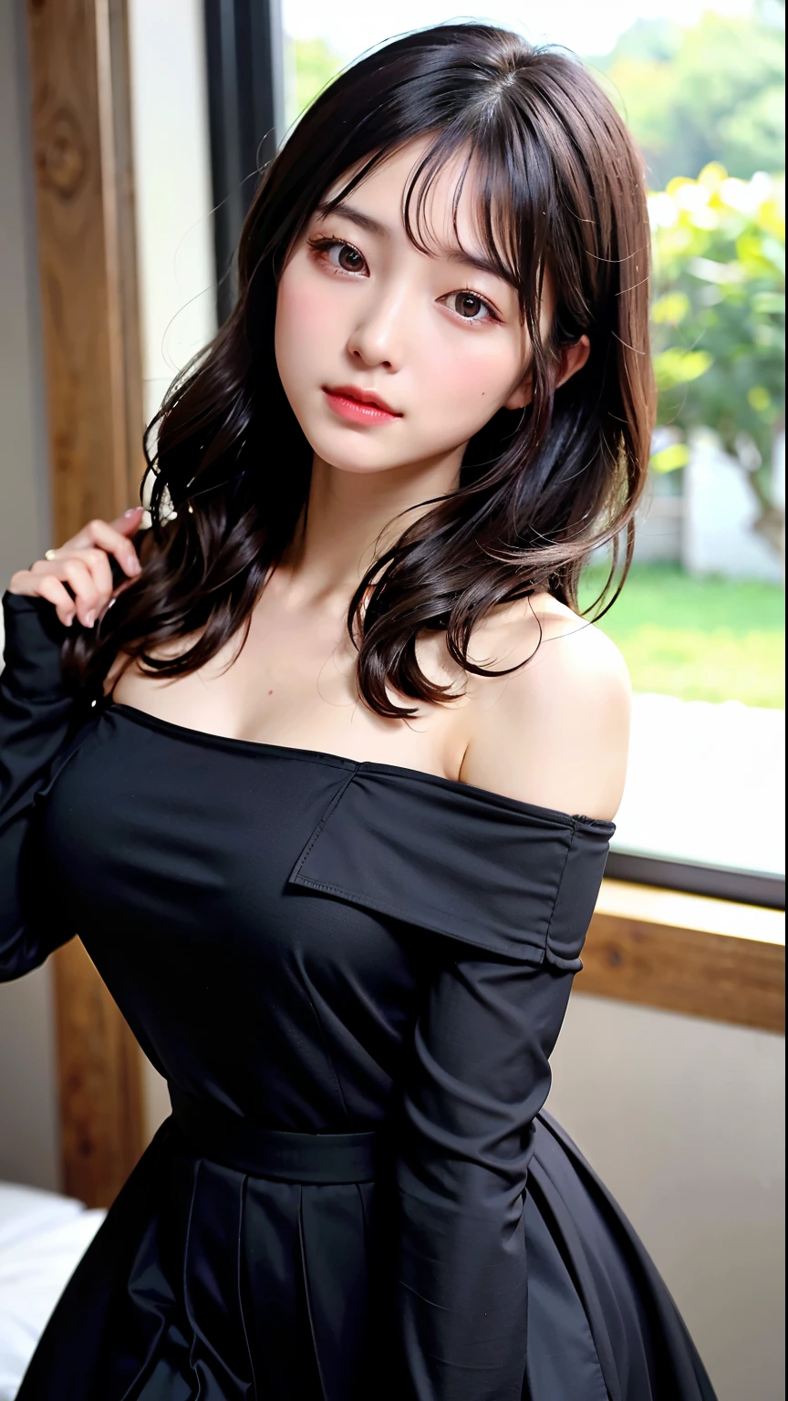 Her dark hair, Gorgeous, wavy, Gracefully running down the shoulder、Flows gently around the face, Framing with pomp.