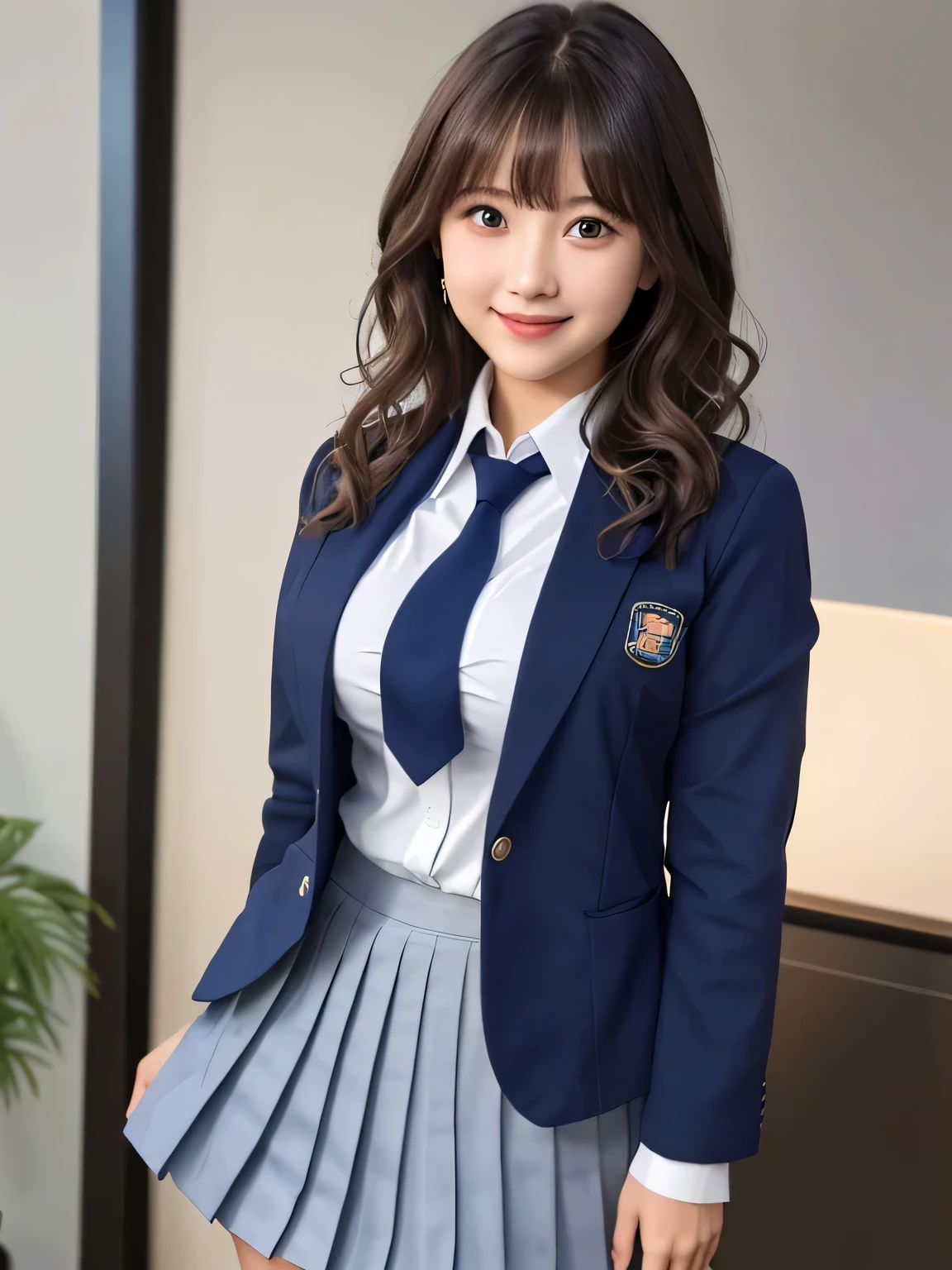8K, highest quality, real image, intricate details, Super detailed, ultra high resolution, depth field,(realistic,realistic:1.2), (black eye), From the middle, 1 girl, very beautiful 17 year old girl, Big eyes, beautiful breasts:1.5、highly detailed eyes:1.2), (beautiful breasts:1.1), wavy hair、curly hair、bangs, perfect skin, Fair skin, huge hips, thick thighs, thick legs, cleavage, tight waist, light blush, alone, looking at the viewer, (smile:1.4), ((School_uniform),(dark blue blazer), (white shirt、Wearing a tie), (gray pleated skirt), (sculpture installation :1.1)