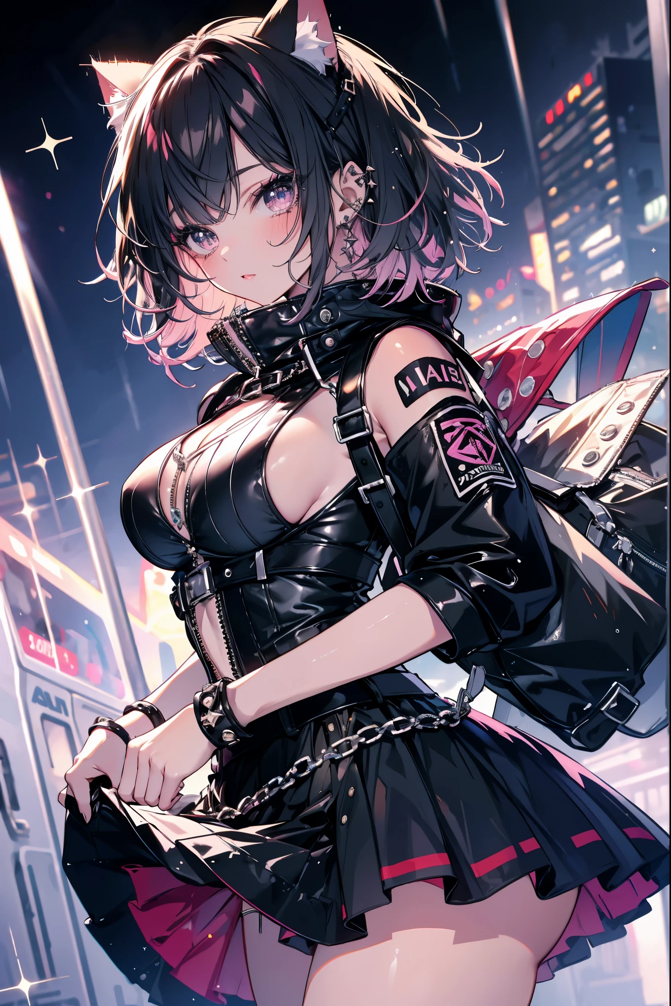 highest quality, masterpiece, long eyelashes, Sparkling輝く目, punk girl, Dressed in punk clothes, super mini skirt, Sparkling, big breasts, Cat ear,