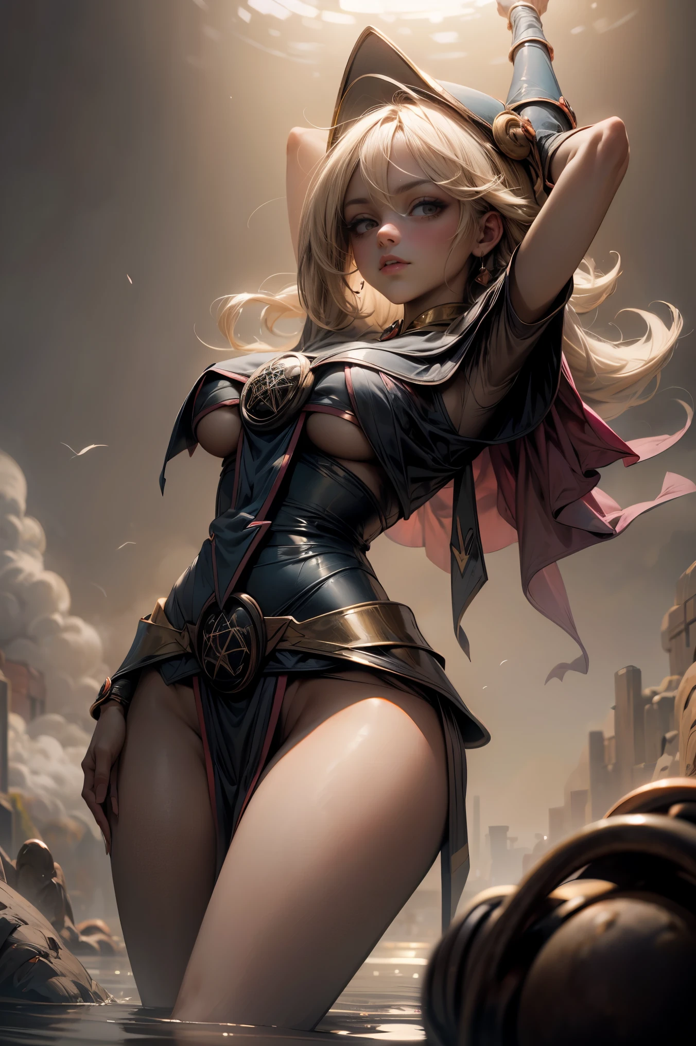 (Obra maestra:1.2), (La mejor calidad:1.2), Perfect lighting, Chica Maga Oscura lanzando un hechizo, flotando en el aire, tetas grandes, escote, fondo de magia. Corazones transparente en el ambiente, Pose sujestiva y sensual. Hot. Fondo de magia