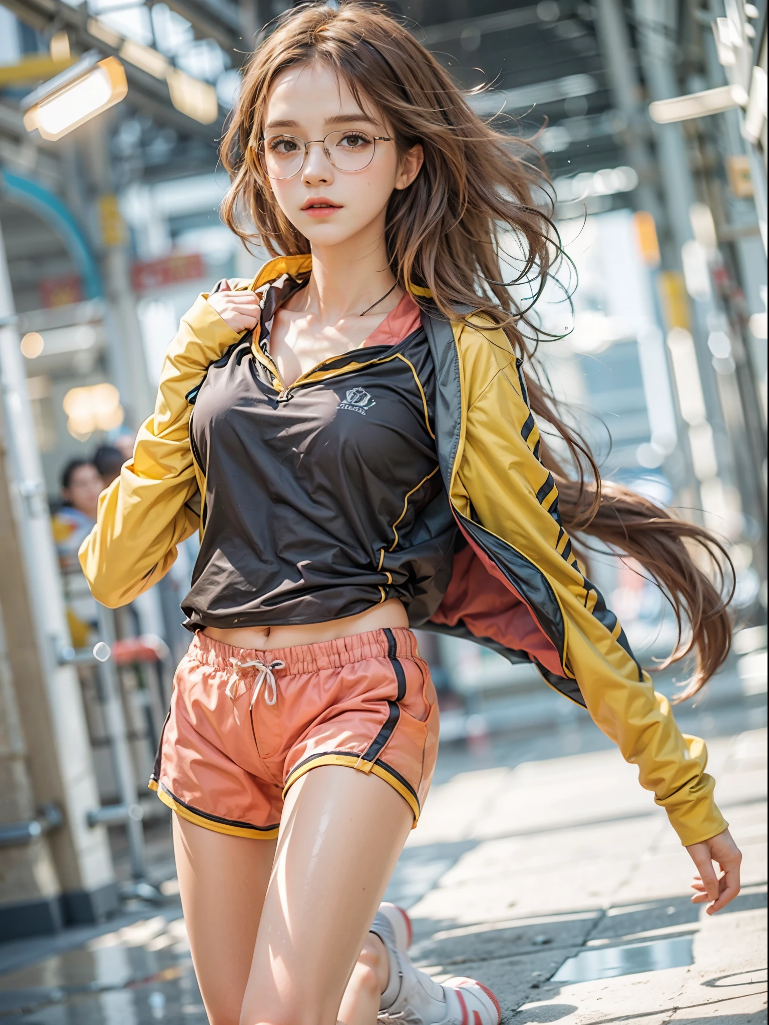 masterpiece, best quality, realistic, colorful, delicate, sharp focus, (PureErosFace_V1:0.5), (detailed beautiful delicate face, high detailed skin, skiny and thin:1.3), 1girl, 19 years old, tall, (smooth_abs:1.55), (abs:0.5), pretty, masterpiece, (long_skinny_legs), (straight_legs), (skinny_waist), (((fair skin))), white skin, bandeau, (school_uniform:swim_suits:0.5), yellow/pink shorts, chestnut brown hair, looking at viewer, yellow/orange sports shoes, glasses, (Emma_watson), big_breast, runner