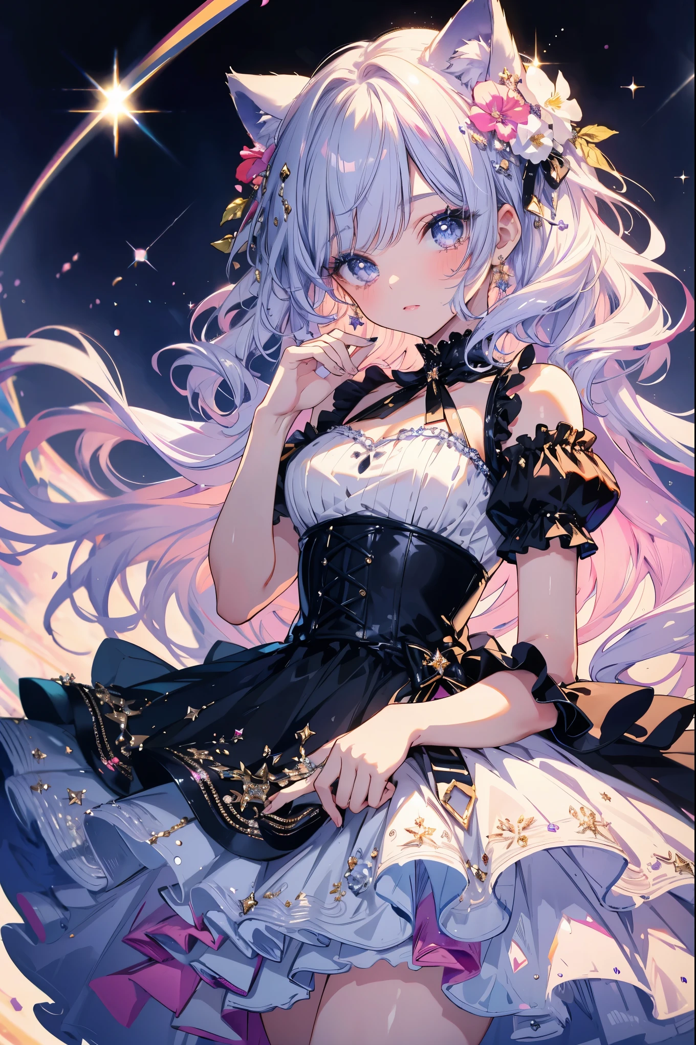 highest quality, masterpiece, long eyelashes, Sparkly eyes, Dresses with ruffles and ribbons, Glitter holding a cake, Cat ear, flower hair ornament,