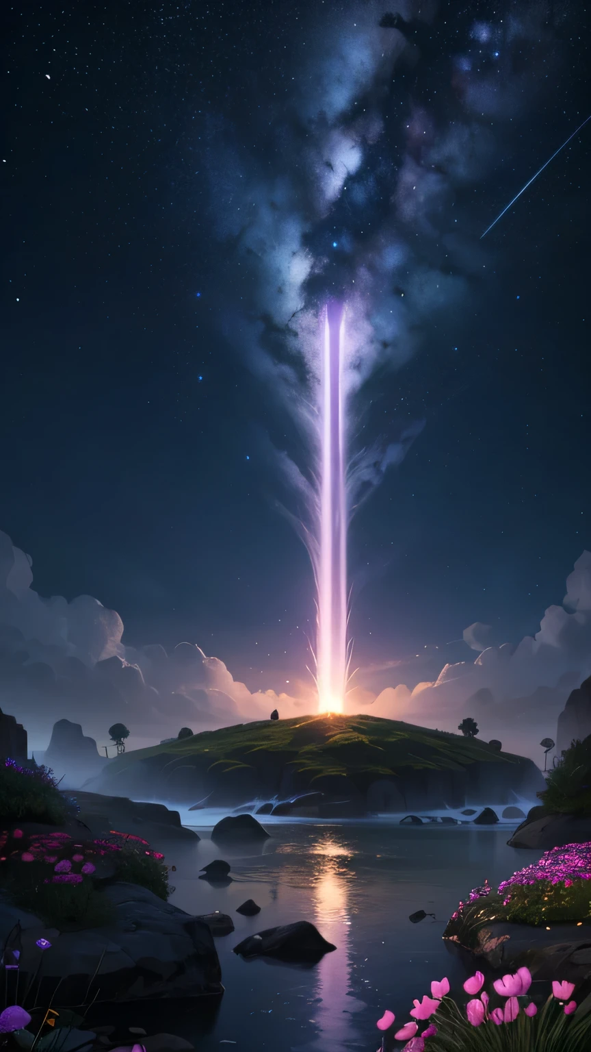 In a distant galaxy, Floating waterfalls defy gravity while mystical plants exude heavenly scents. Under a starry sky.