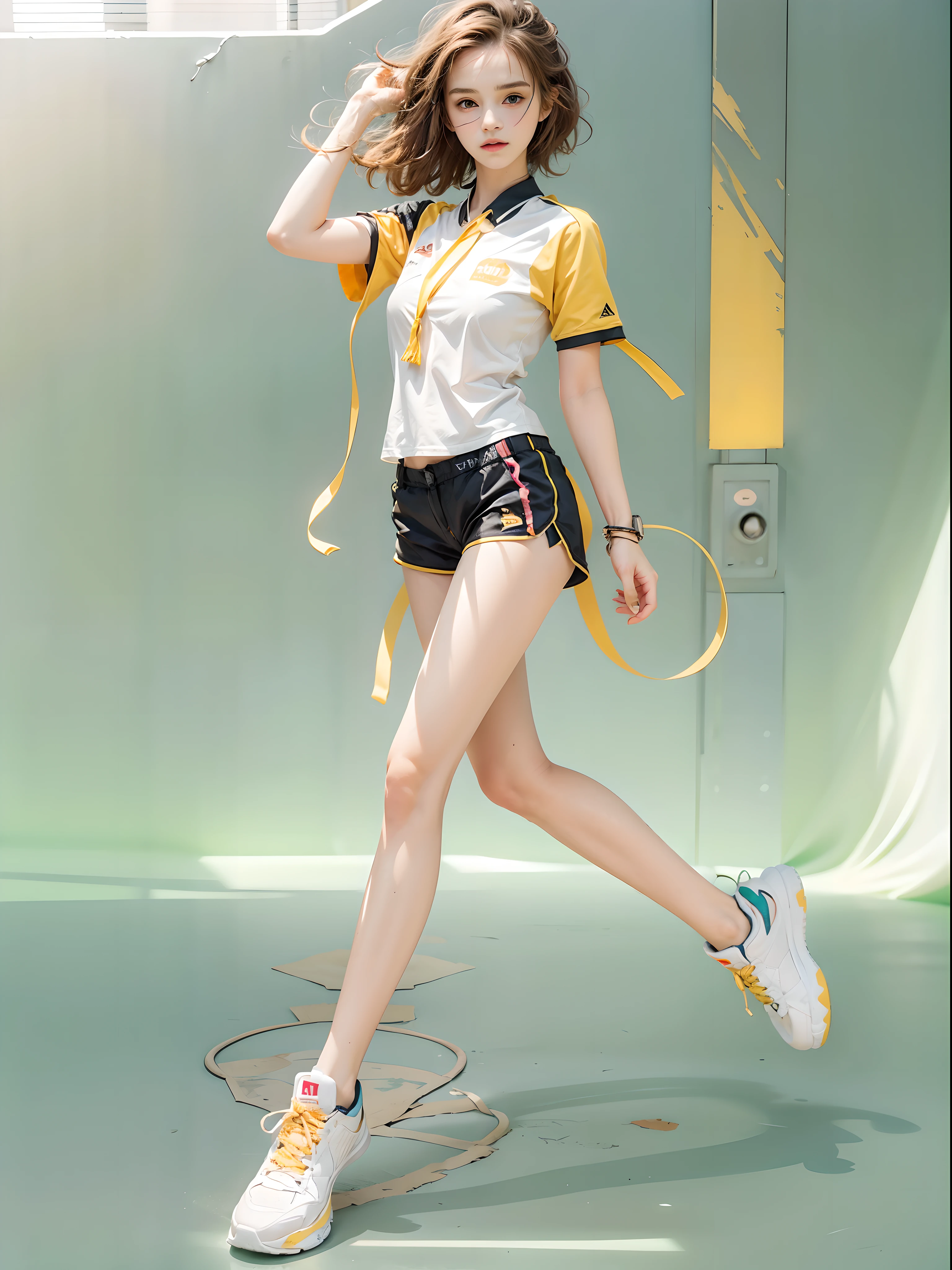 masterpiece, best quality, realistic, colorful, delicate, sharp focus, (PureErosFace_V1:0.5), (detailed beautiful delicate face, high detailed skin, skiny and thin:1.3), 1girl, 19 years old, tall, (smooth_abs:1.55), (abs:0.5), pretty, masterpiece, (long_skinny_legs), (straight_legs), (skinny_waist), (((fair skin))), white skin, bandeau, (school_uniform:swim_suits:0.5), yellow/pink shorts, chestnut brown hair, looking at viewer, yellow/orange sports shoes, glasses, (Emma_watson), big_breast, runner