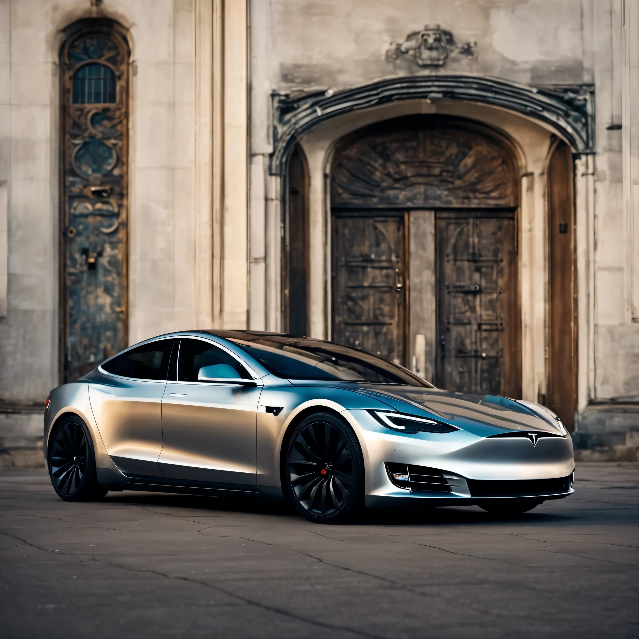 a close up of a silver Tesla model s parked in front of a building, car Tesla 3, Tesla car, Tesla, Tesla model 3, futuristische Produktautoaufnahme, Moschus ( 2 0 2 4 ), police Tesla, hyperrealistisch", hyperrealistisch ", kodakchrome : : 8 Tausend, Hyperreales Rendering, Konzeptauto, Aufgenommen mit Leica SL2, Automobilfotografie