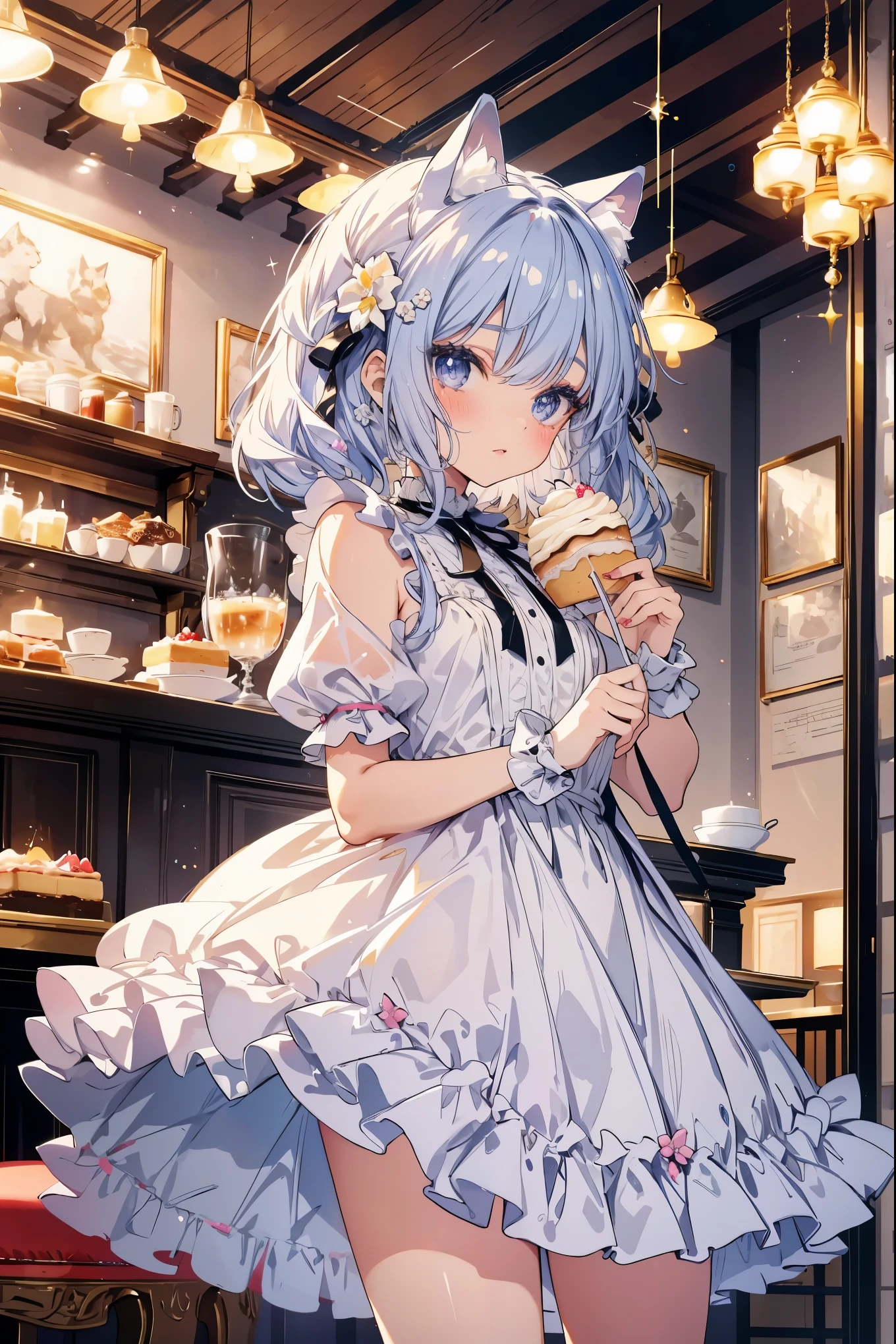 highest quality, masterpiece, long eyelashes, Sparkling輝く目, Dresses with ruffles and ribbons, Eat cake in a café, Sparkling, Cat ear, flower hair ornament,