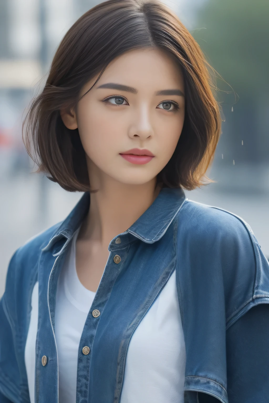 ((highest quality, 8K, masterpiece:1.3)), concentrate: 1.2, perfect body beauty: 1.4, buttocks: 1.2, ((layered haircut, chest: 1.2)), (wet clothes: 1.1) , (rain, street:1.3), white shirt and jeans: 1.1, Highly detailed face and skin texture, delicate eyes, double eyelid, whitened skin, long hair