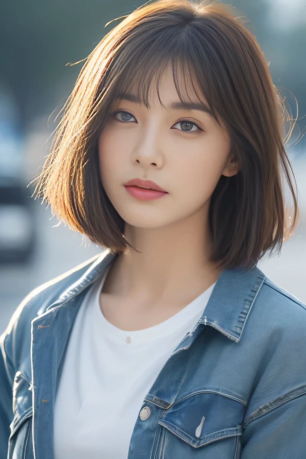 ((highest quality, 8K, masterpiece:1.3)), concentrate: 1.2, perfect body beauty: 1.4, buttocks: 1.2, ((layered haircut, chest: 1.2)), (wet clothes: 1.1) , (rain, street:1.3), white shirt and jeans: 1.1, Highly detailed face and skin texture, delicate eyes, double eyelid, whitened skin, long hair