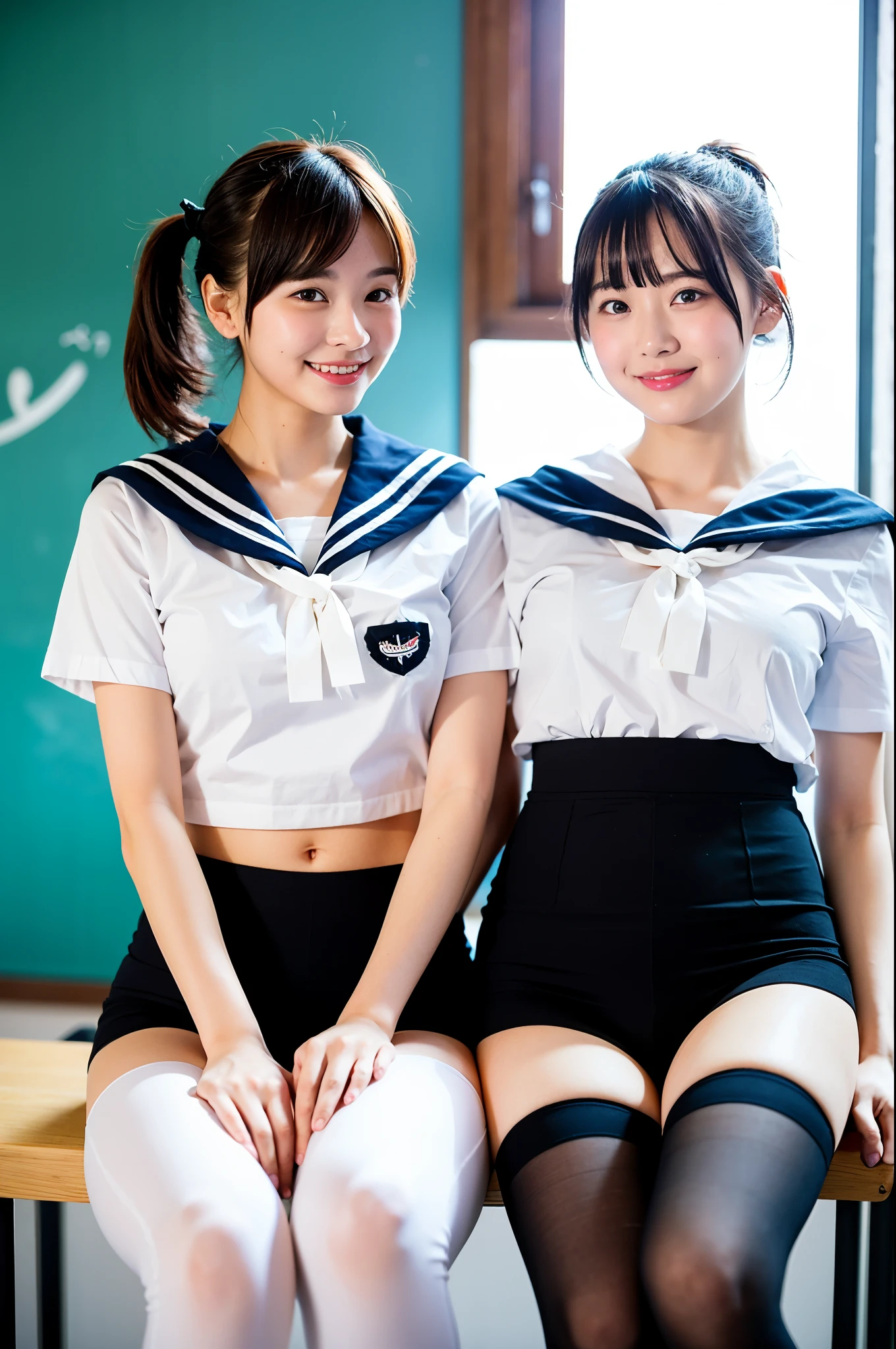 2 girls in classroom,white sailor shirt,black thong with heart-shaped crotch,black leggings,18-year-old,bangs,a little smile,thighs,knees,short cut hair,low ponytail,from below,front-lighting