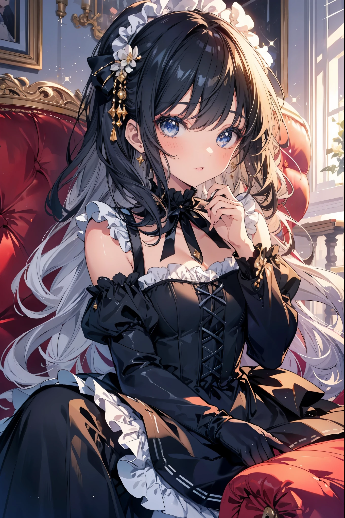 highest quality, masterpiece, long eyelashes, Sparkling輝く目, Dresses with ruffles and ribbons, sit on the sofa, Sparkling, Ribbon hair ornament,