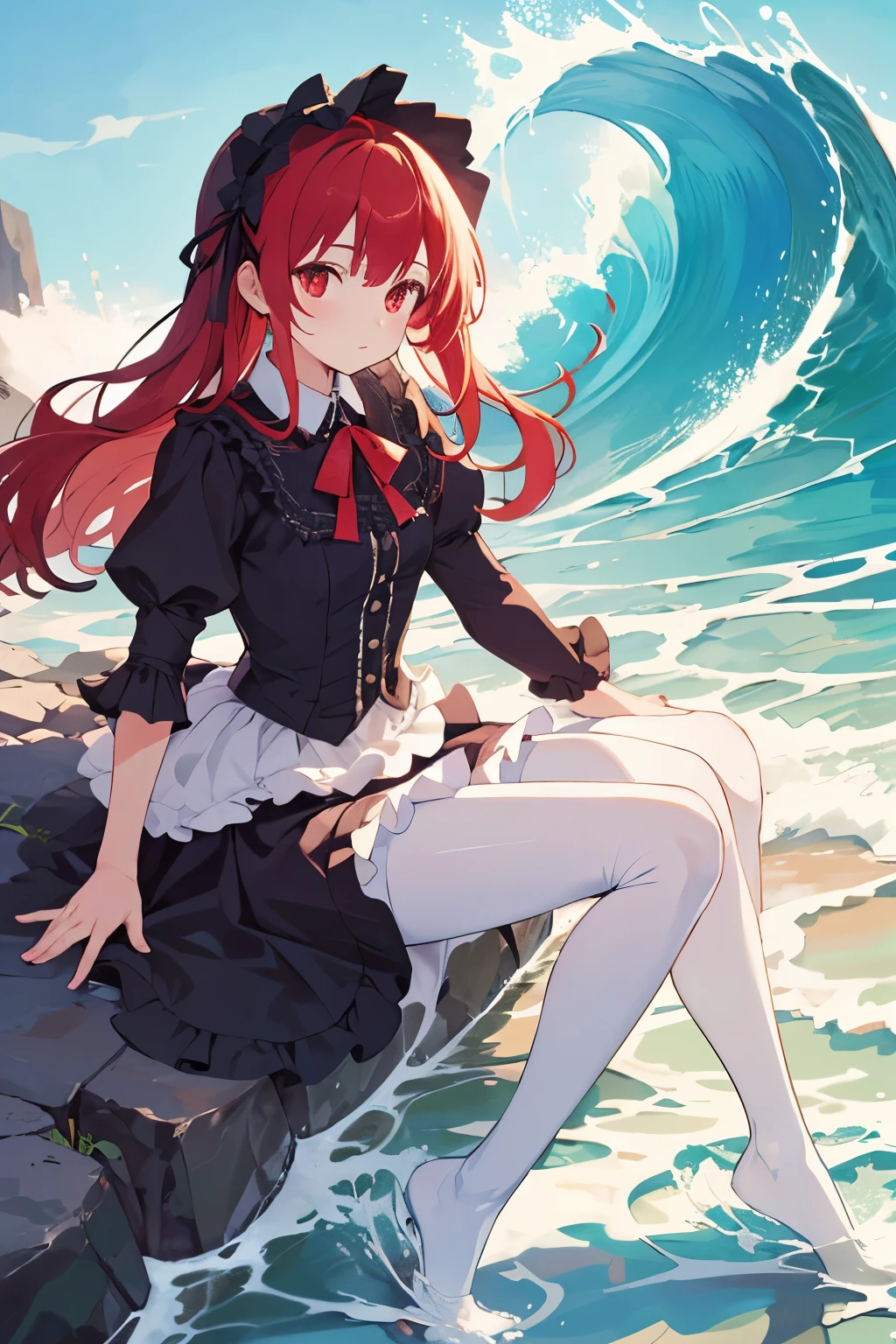 masterpiece, highest quality, High resolution, girl，Gothic Lolita，white tights，Red hair，wave，red eye，whole body