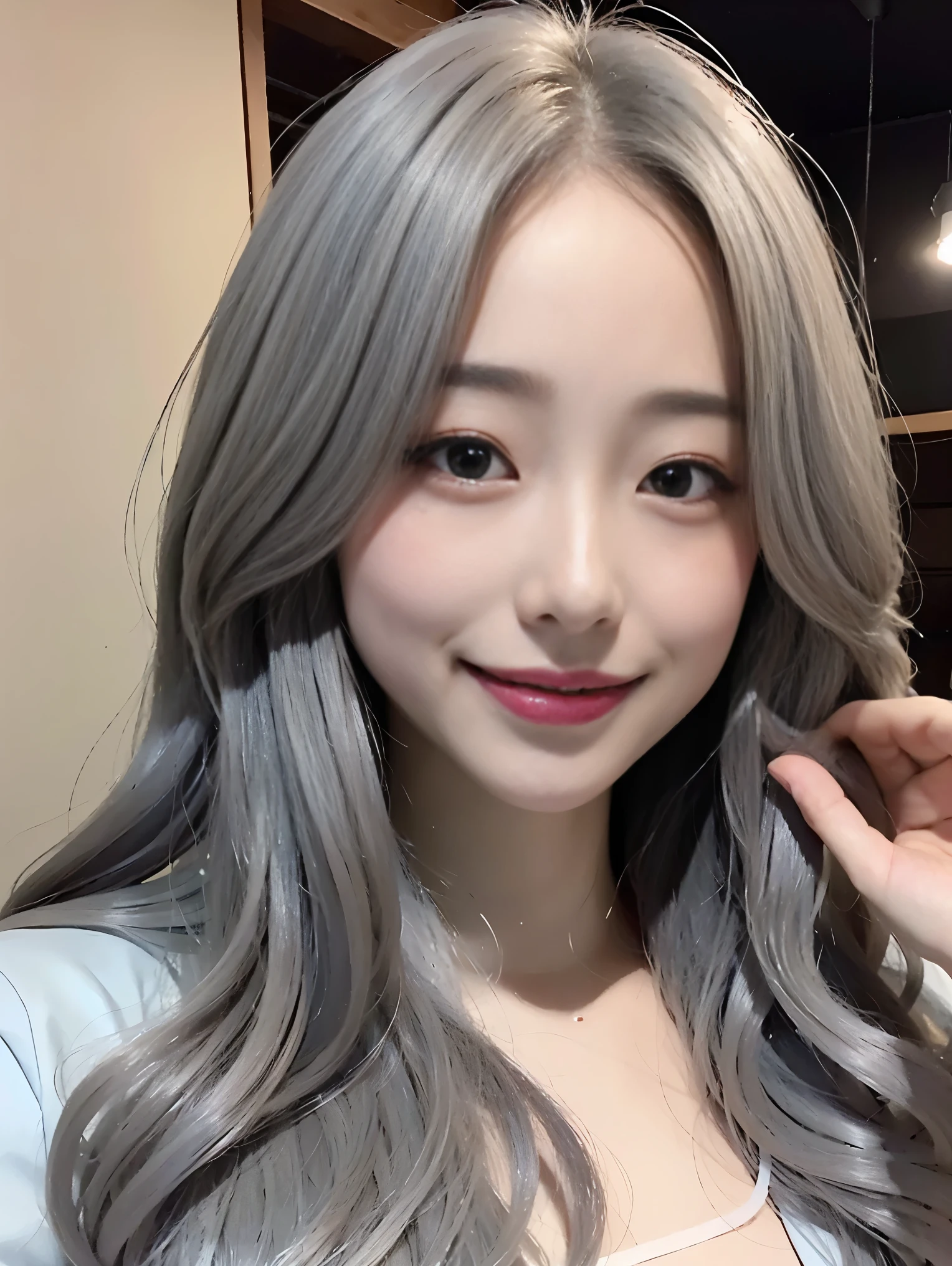 realistic, High resolution, 1 female, glowing skin, alone, wide lips,long hair,wavy hair,saggy breasts,small face,Gray color hair,Color Contacts,White down jacket,izakaya,Pink lip,smile